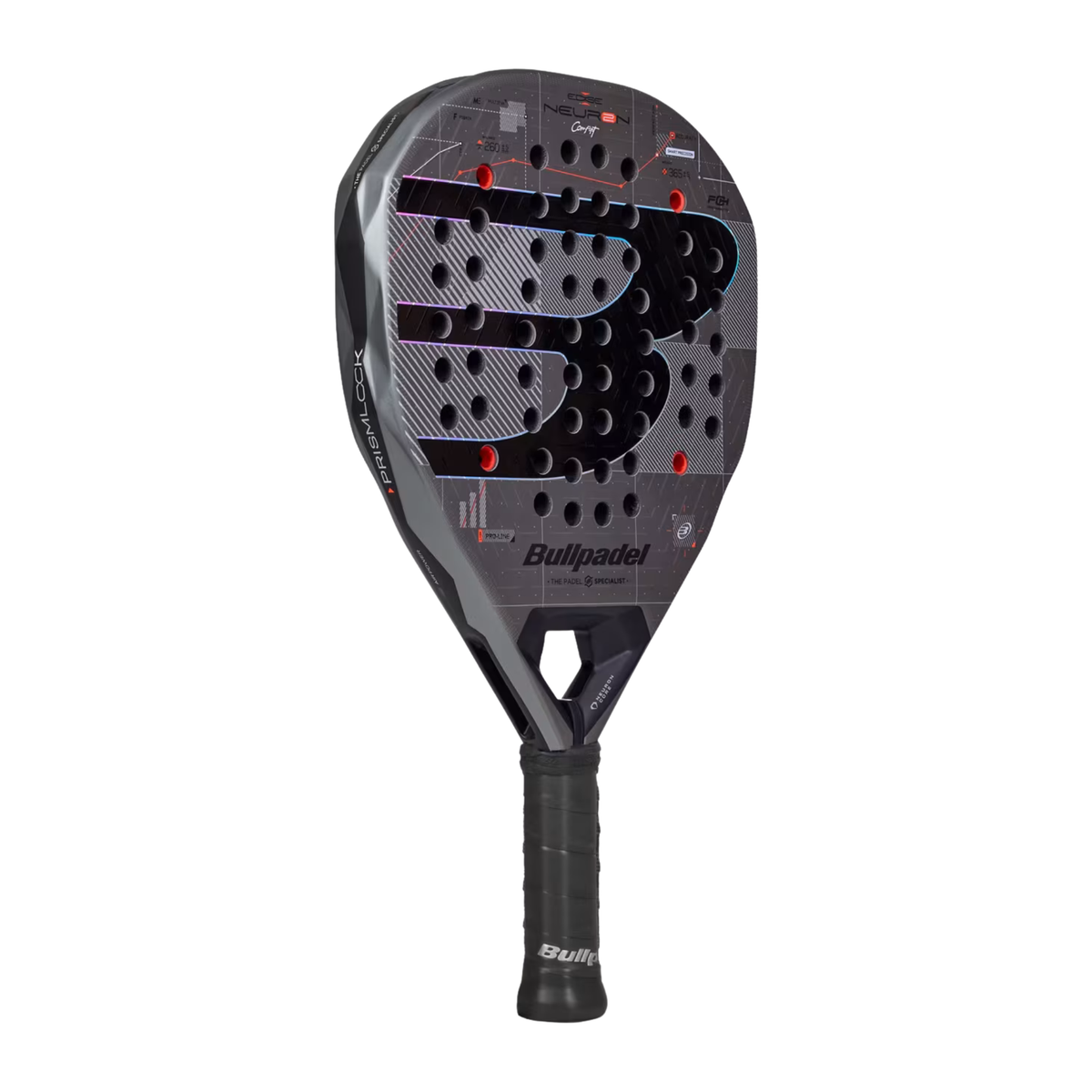 An angled front view of the Bullpadel Neuron 02 Comfort 2027 padel racket, showing the black racket face, beige design details and outer frame.