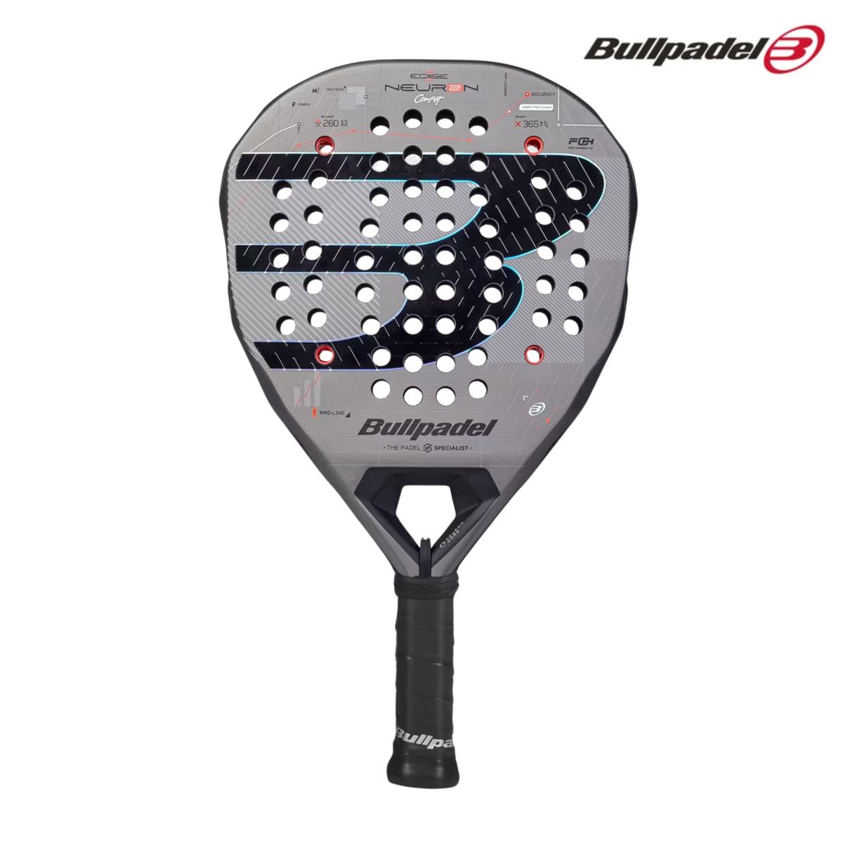 A front view of the Bullpadel Neuron 02 Comfort 2027 padel racket, featuring a black racket face with beige and orange details and Bullpadel branding.