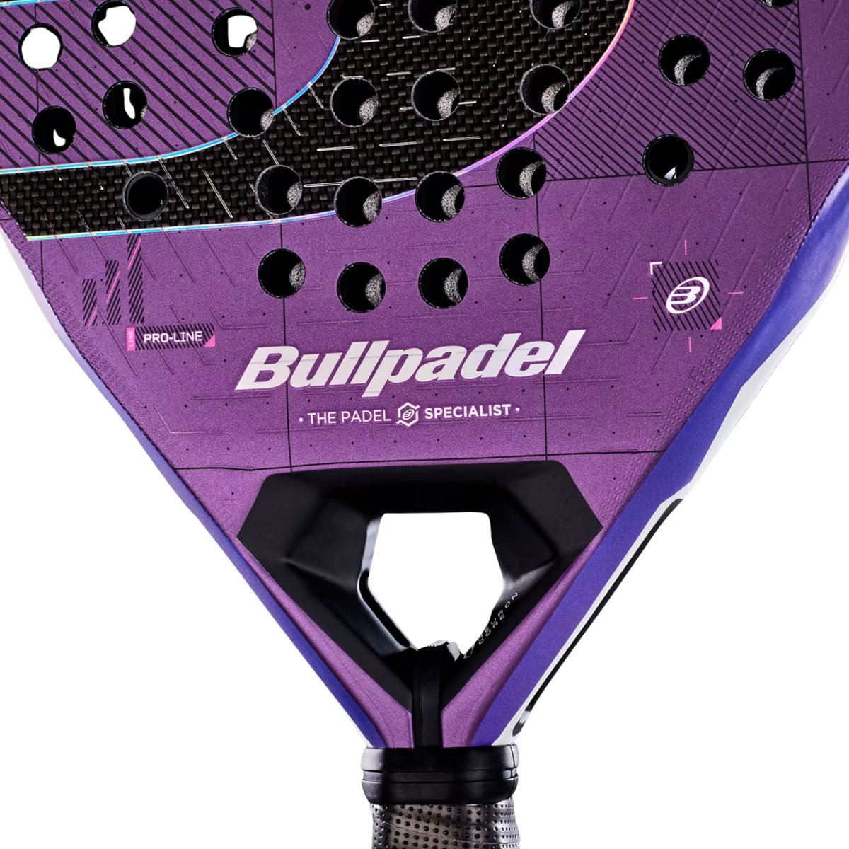 A detailed view of the Bullpadel Neuron 02 Edge 2027 padel racket, highlighting the 3D Grain textured hitting surface and X-Tend Carbon 3K construction.