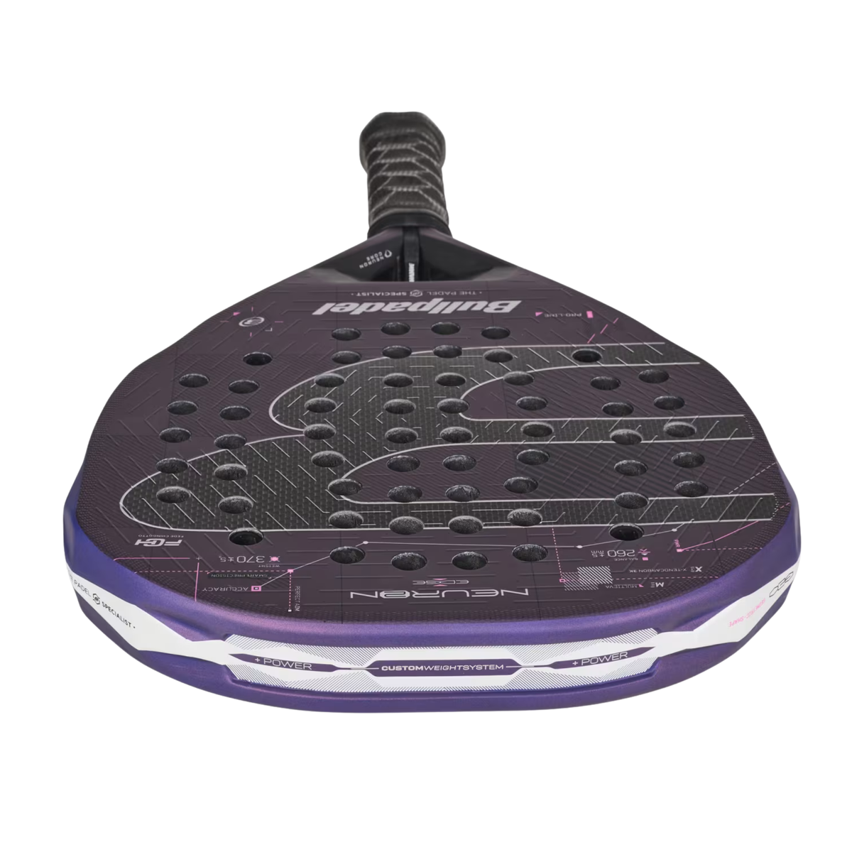 A detailed view of the Bullpadel Neuron 02 Edge 2027 padel racket, highlighting the Air Power system and aerodynamic frame construction.