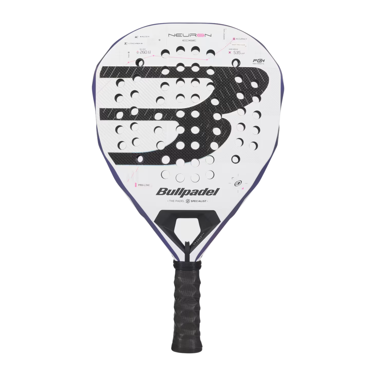 An angled front view of the Bullpadel Neuron 02 Edge 2027 padel racket, showing the geometric racket face, frame and Bullpadel branding.