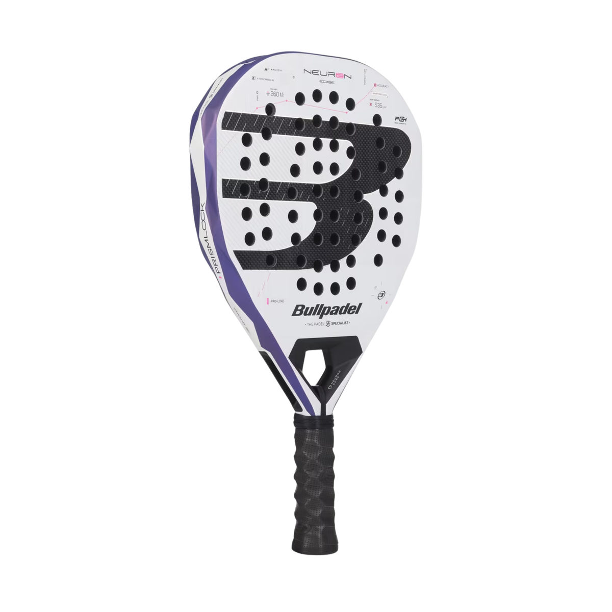 A close-up of the Bullpadel Neuron 02 Edge 2027 padel racket, highlighting the frame construction and geometric design.