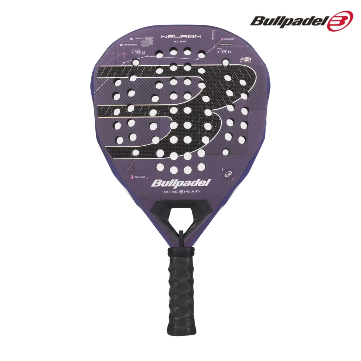 A front view of the Bullpadel Neuron 02 Edge 2027 padel racket, featuring its geometric shape, textured racket face and Bullpadel branding.