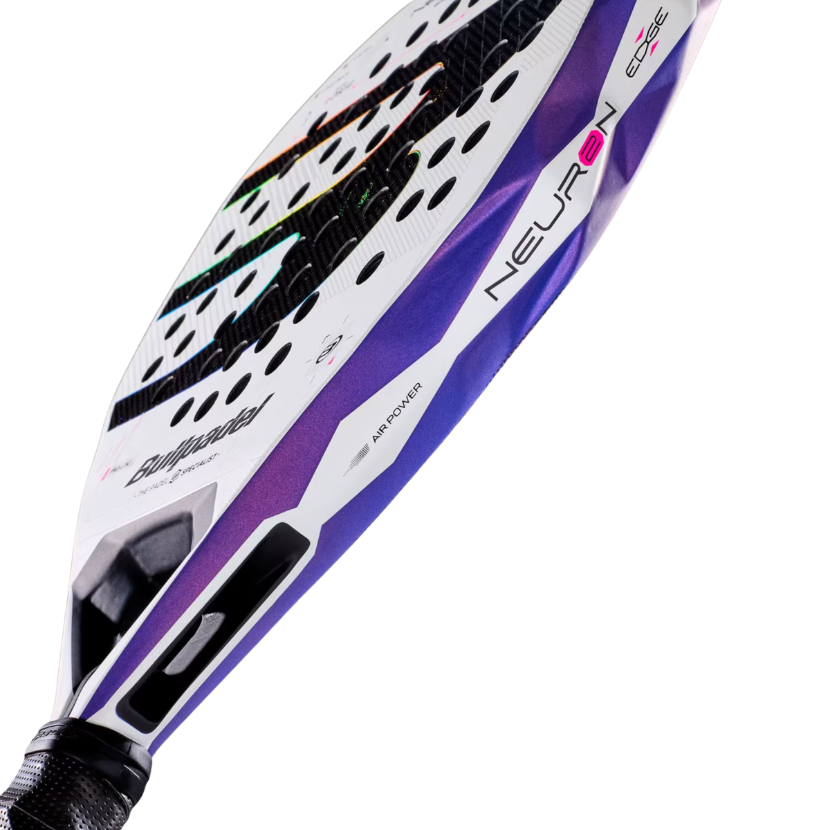 A close-up of the lower frame of the Bullpadel Neuron 02 Edge 2027 padel racket, showing the frame construction and Bullpadel design details.