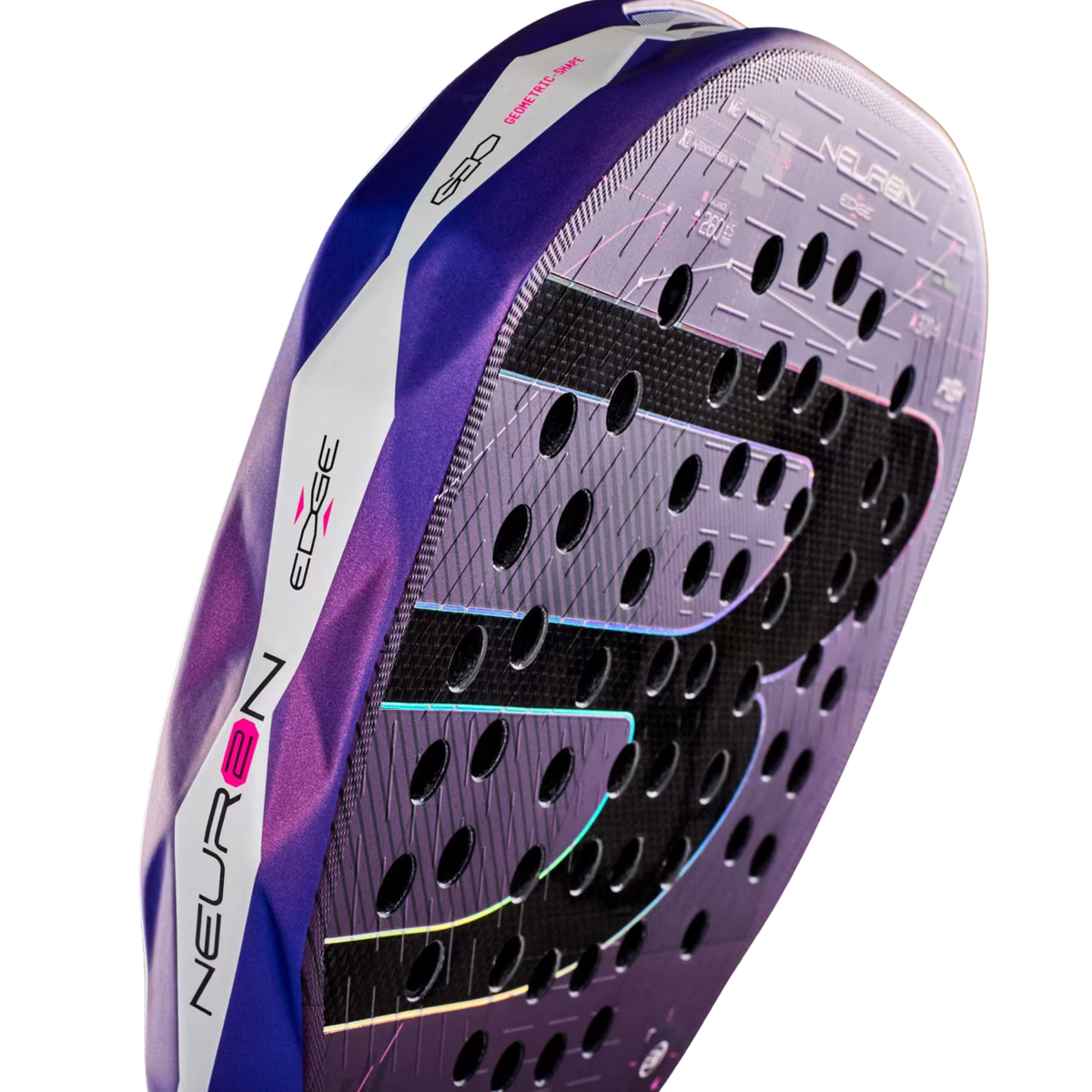 A close-up of the Bullpadel Neuron 02 Edge 2027 padel racket, showing the Neuron core and reinforced bridge for improved stability.