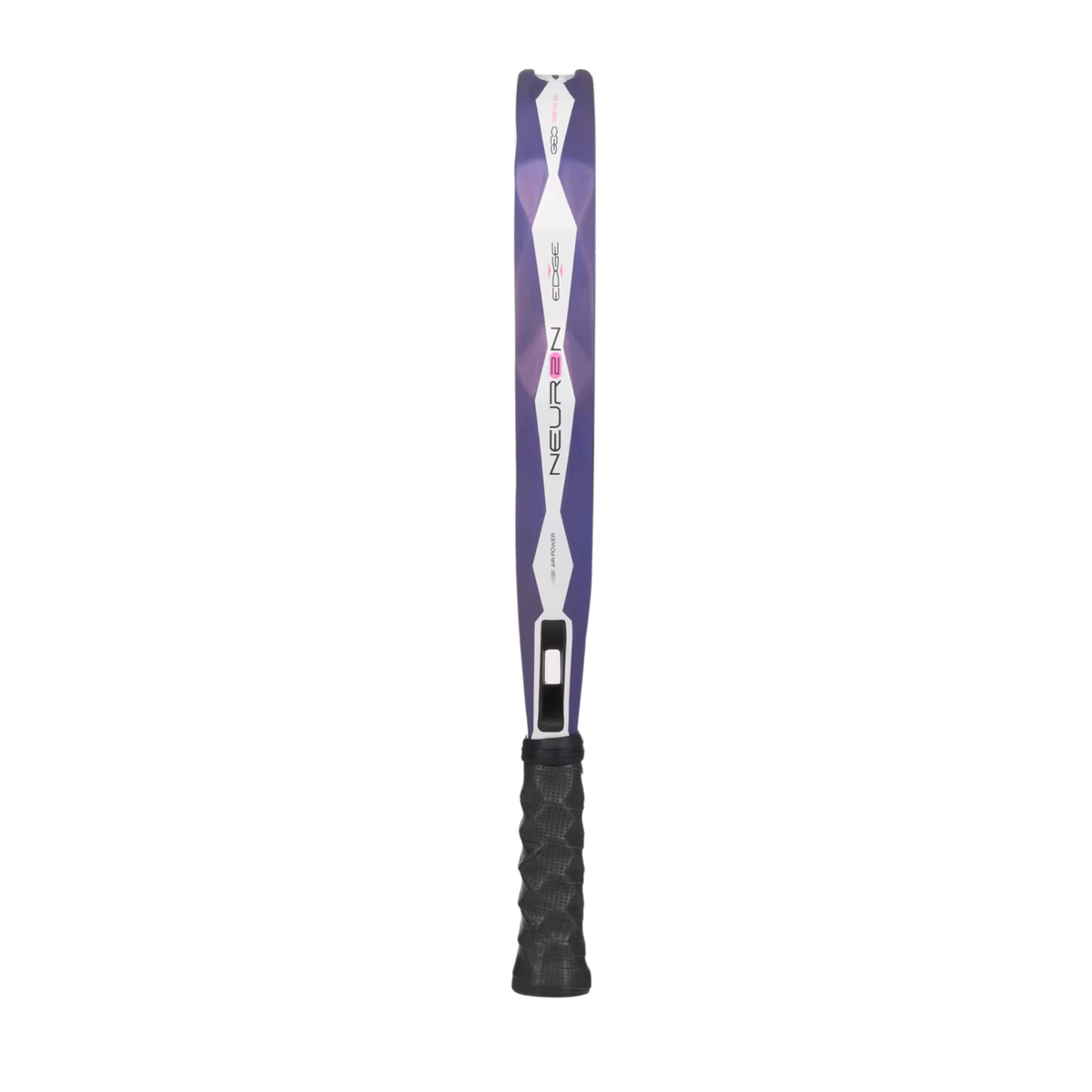 A close-up of the Bullpadel Neuron 02 Edge 2027 padel racket, highlighting the PrismLock frame designed for increased stability and precision.