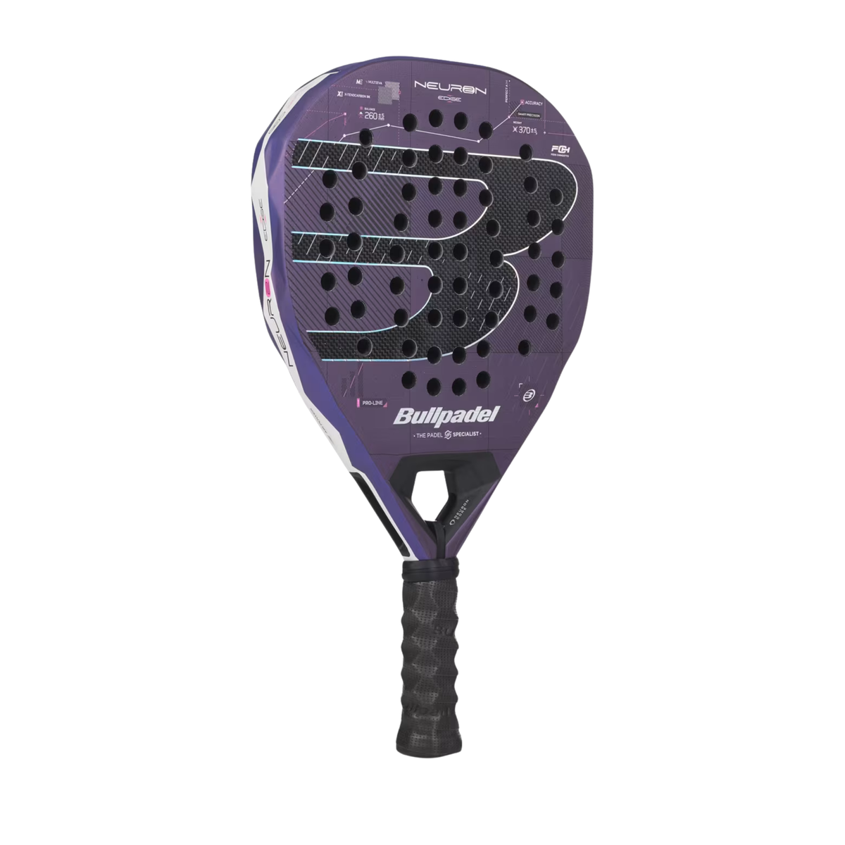 A side view of the Bullpadel Neuron 02 Edge 2027 padel racket, highlighting its aerodynamic frame, profile and grip.