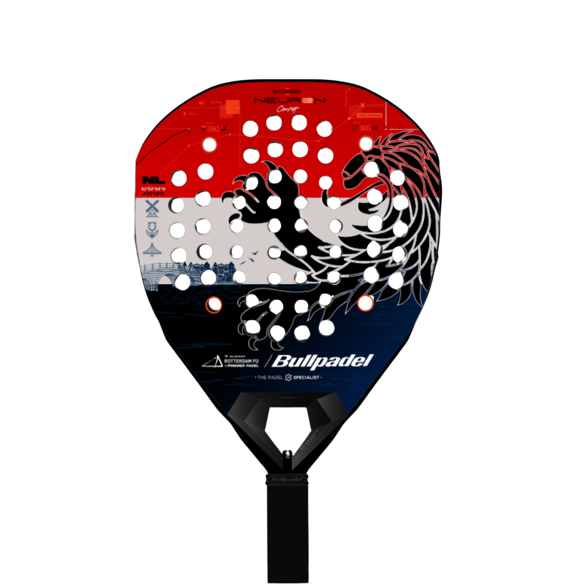A back view of the Bullpadel Neuron 02 Edge CMF NL 27 padel racket, featuring a red, white and blue design with a large black lion graphic.