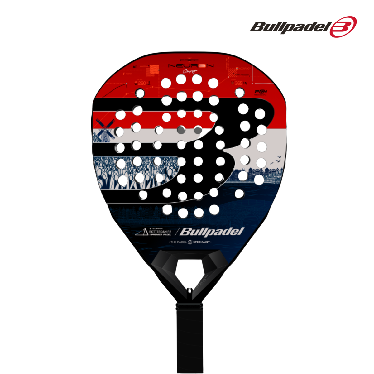 A front view of the Bullpadel Neuron 02 Edge CMF NL 27 padel racket, featuring a red, white and blue design with black Bullpadel branding.