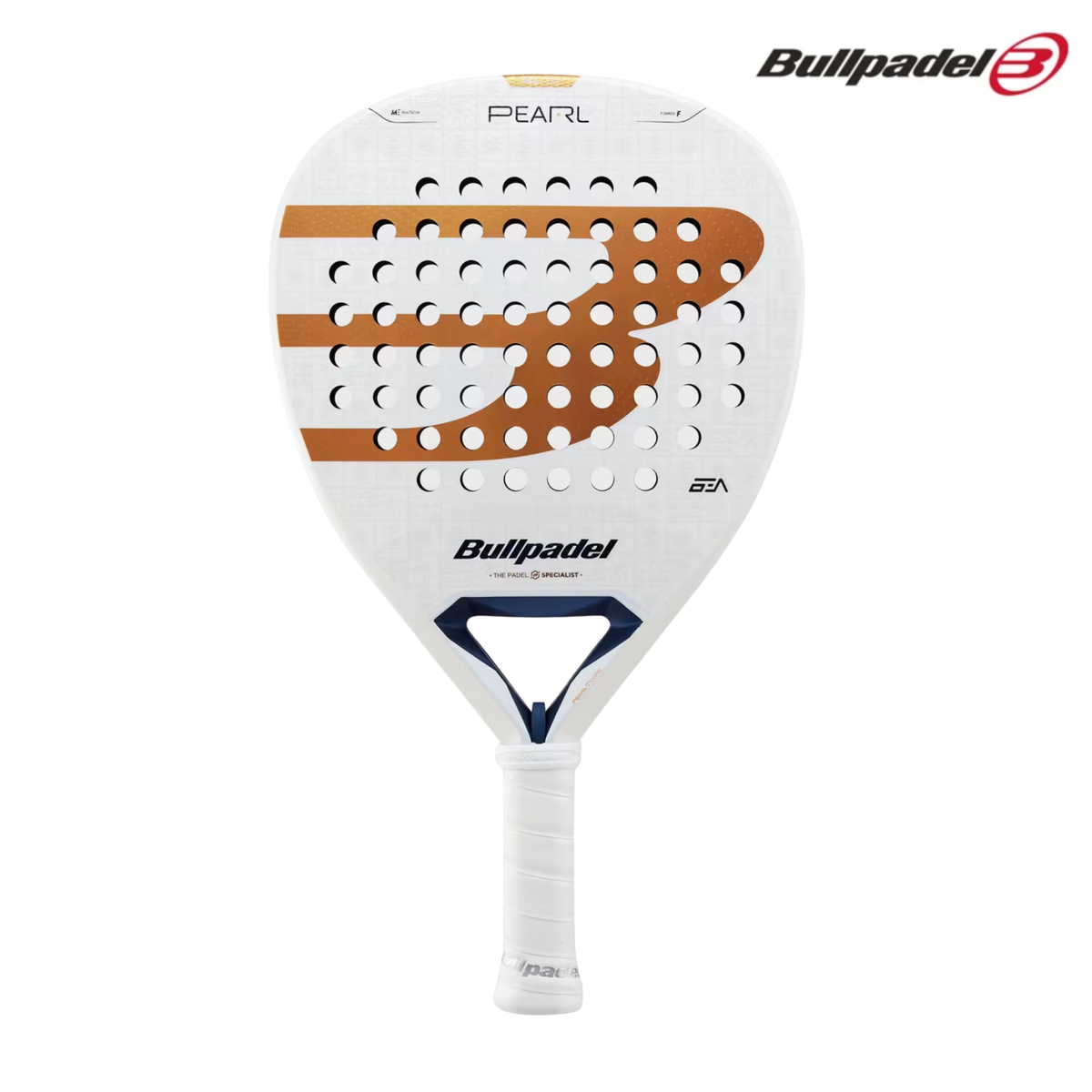 A front view of the Bullpadel Pearl 2027 padel racket, showing the diamond-shaped racket face, perforations and Bullpadel branding.