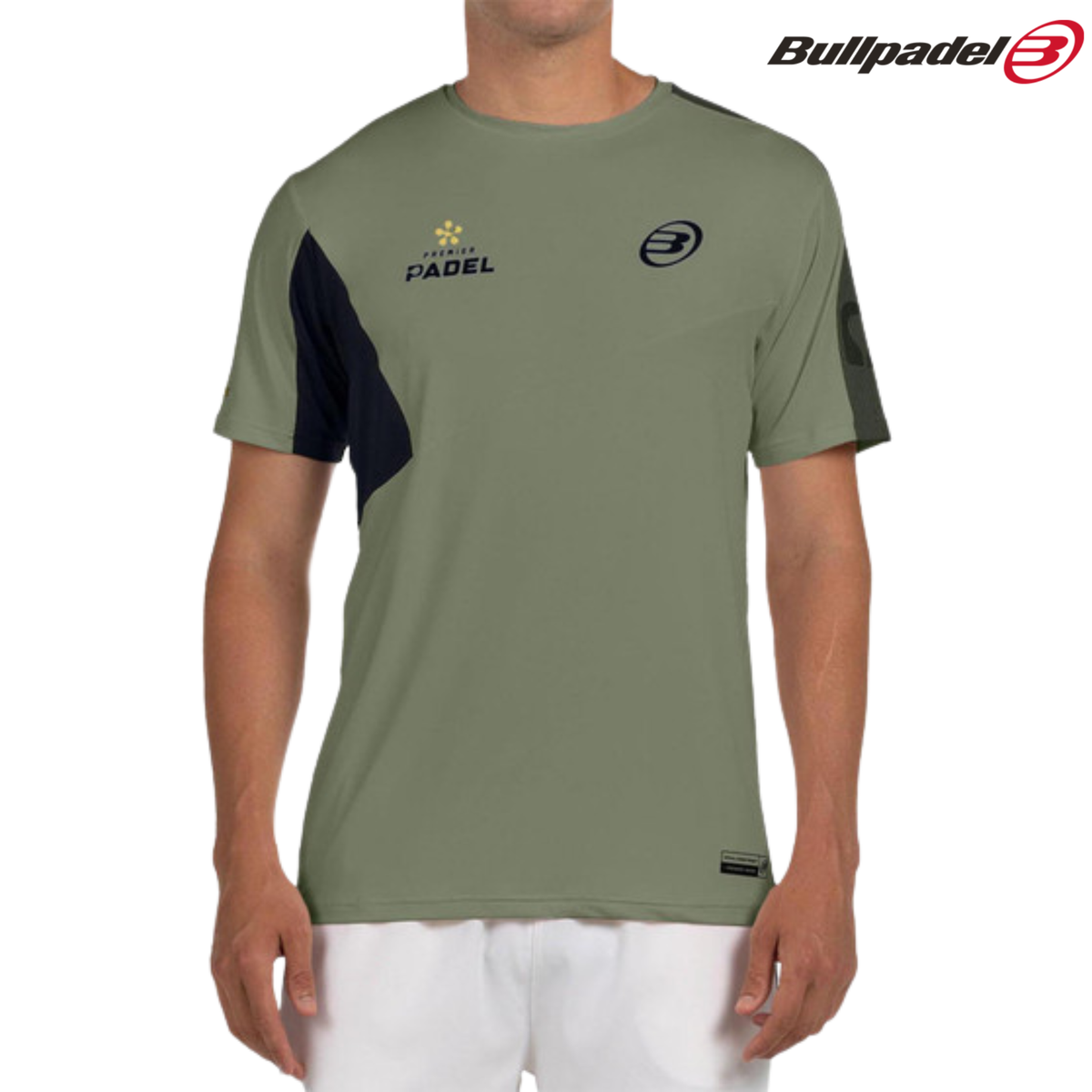 Front view of the Bullpadel Pocate Premier Padel kaki T-shirt with external logo.