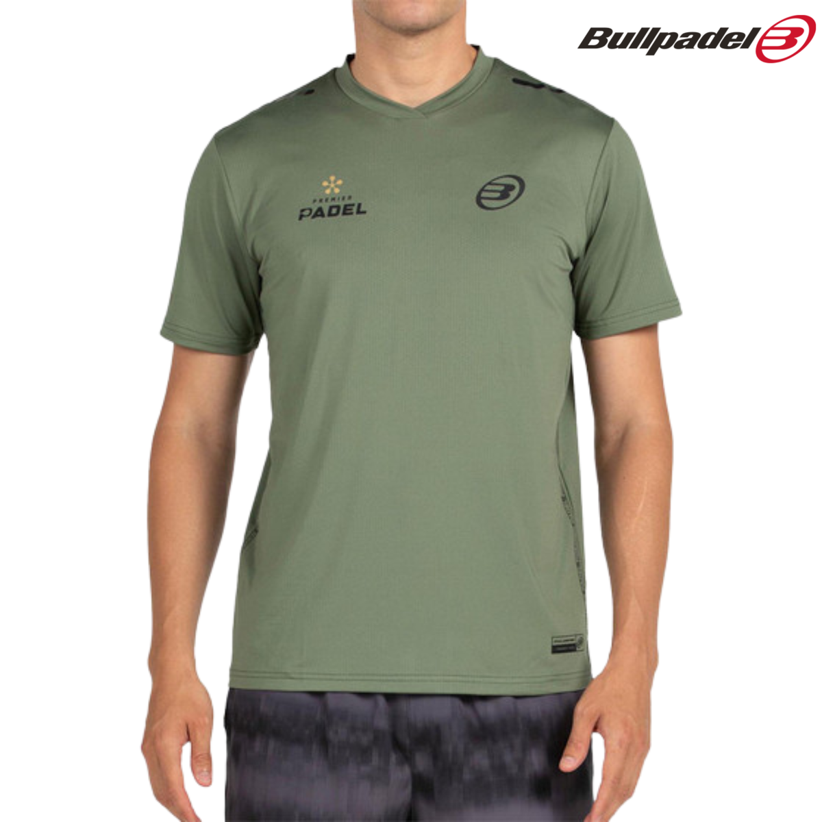 Front view of the Bullpadel Premier Padel Perico Kaki Tee with external logo.