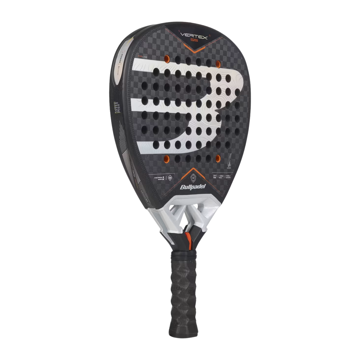 A Bullpadel Vertex 05 2027 padel racket shown at an angle, featuring a black and red design, textured racket face and Bullpadel branding.