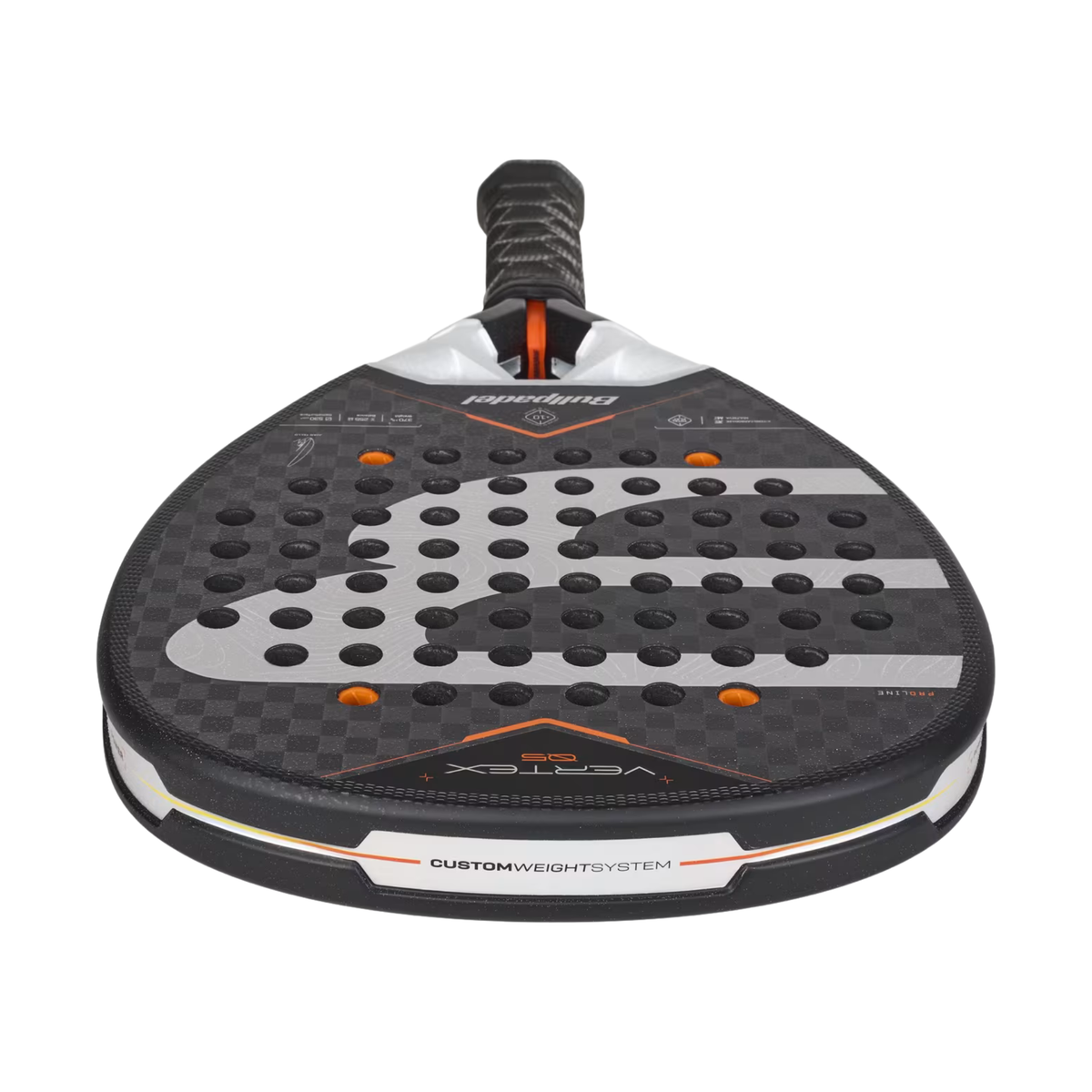 A close-up of the Bullpadel Vertex 05 2027 padel racket, highlighting the Custom Weight system and detailed frame construction.
