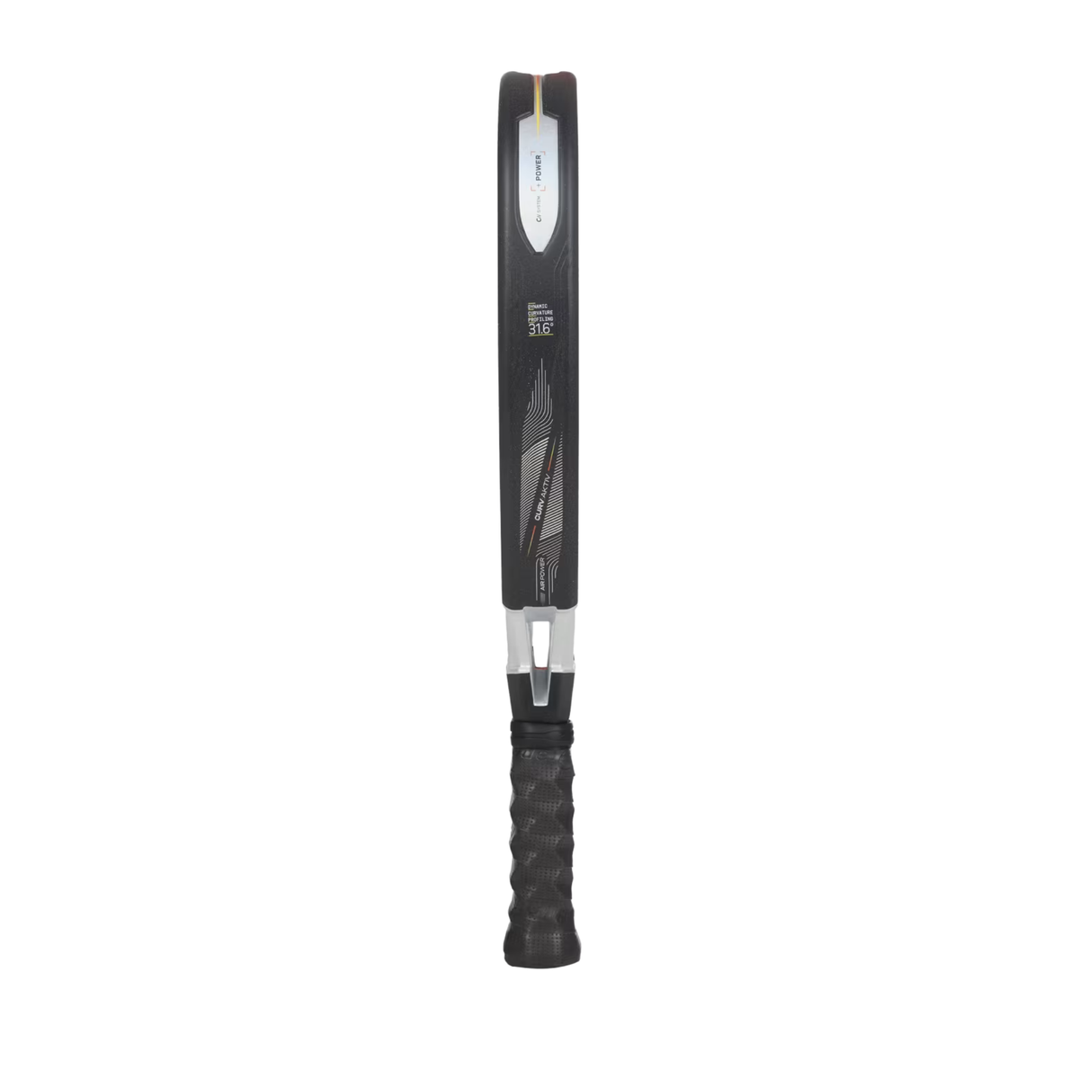 A side view of the Bullpadel Vertex 05 2027 padel racket, showing its aerodynamic diamond-shaped frame with red detailing and Air Power technology.