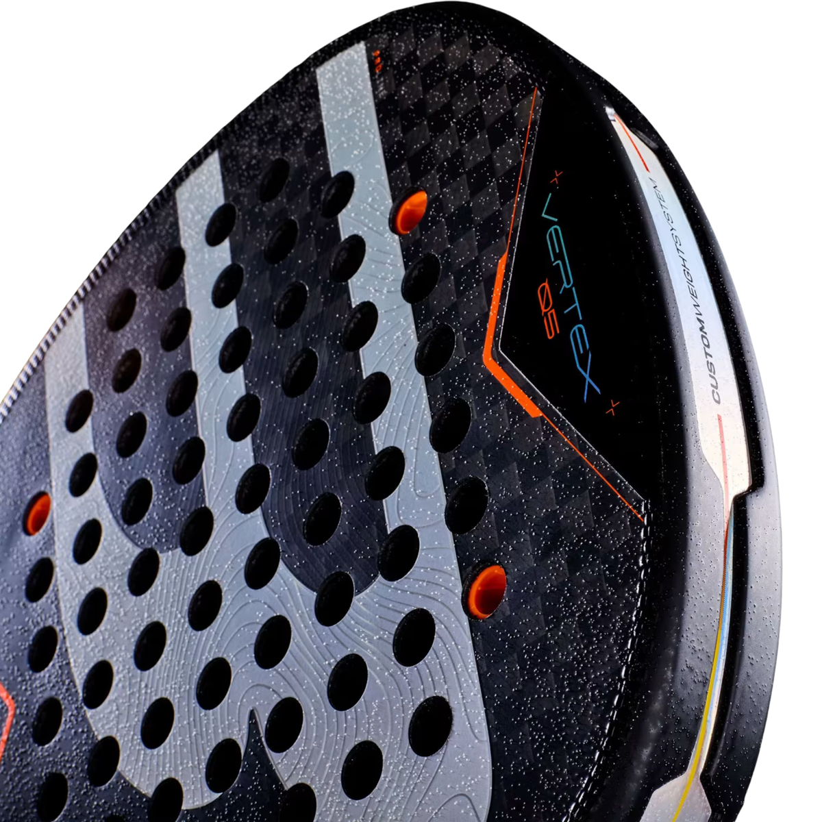 A close-up of the Bullpadel Vertex 05 2027 racket face, highlighting the textured Top Spin surface designed to enhance ball grip and spin.