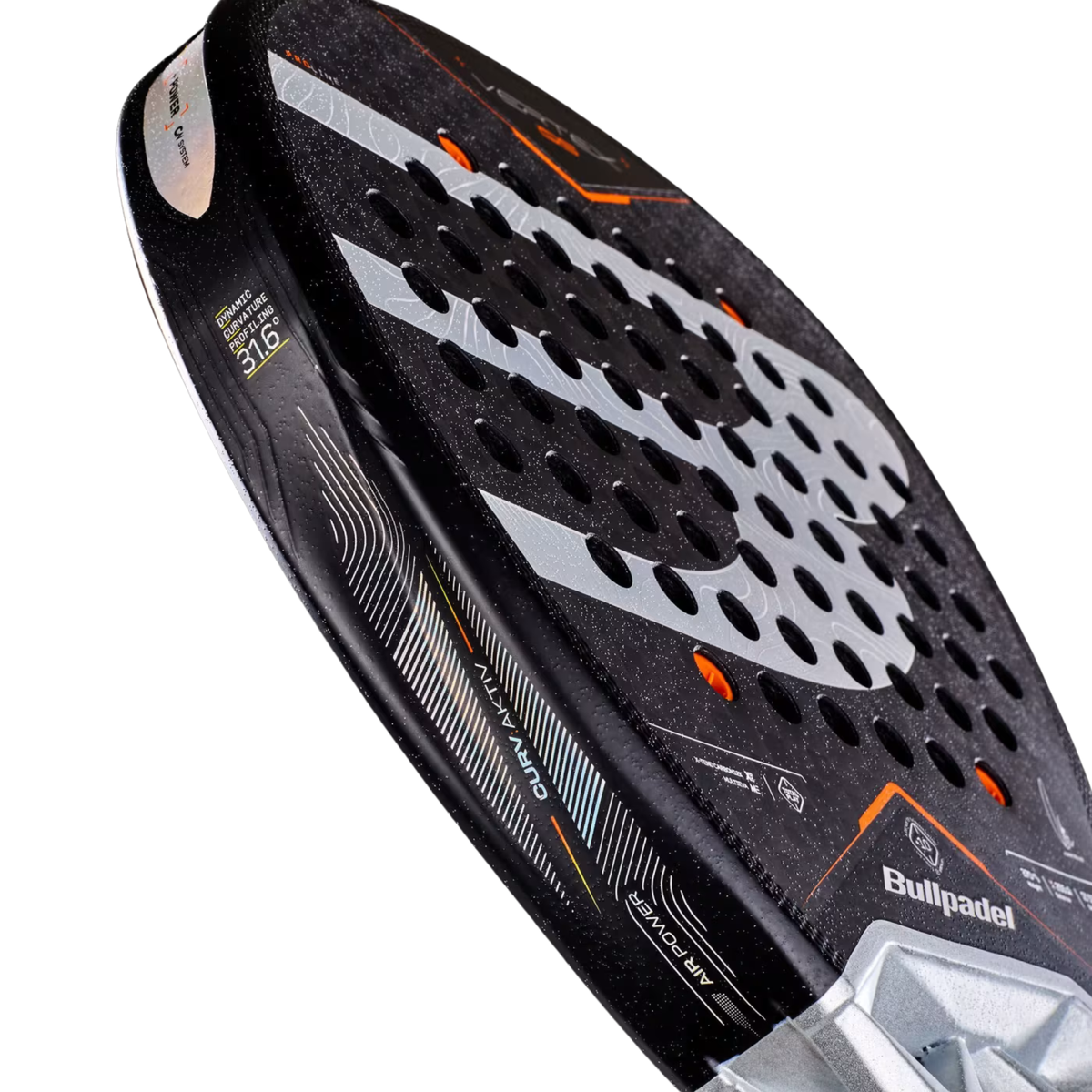 A close-up of the Bullpadel Vertex 05 2027 racket throat, showing the reinforced Vertex Core structure, Bullpadel branding and aerodynamic frame design.