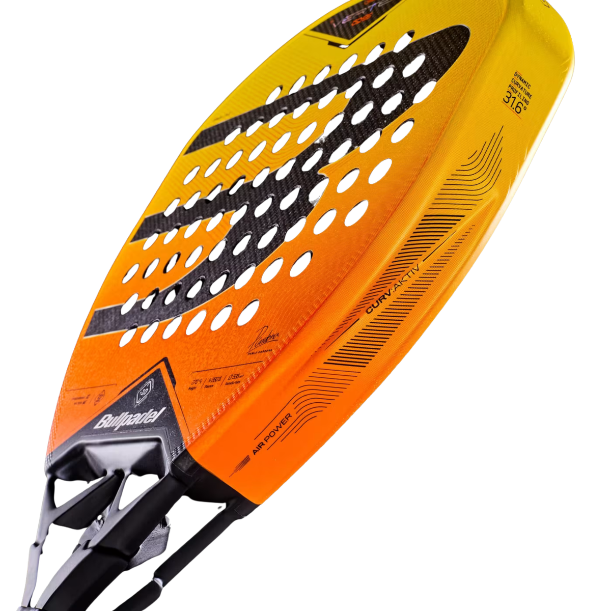An angled close-up of the Bullpadel Vertex 05 Geo 2027 padel racket, highlighting the orange frame, Air Power technology and textured face.