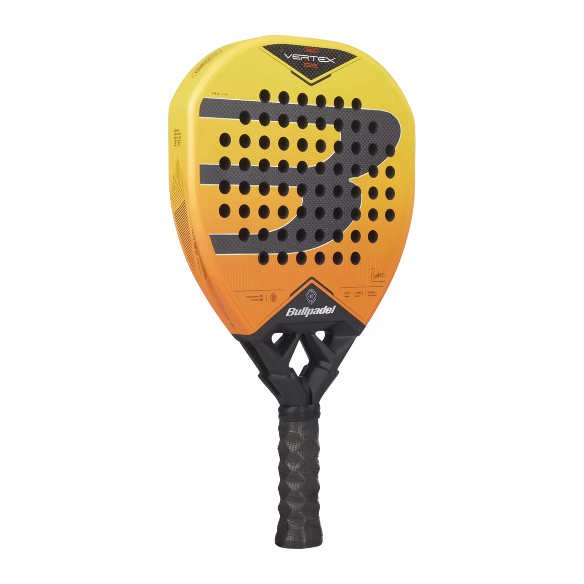 An angled front view of the Bullpadel Vertex 05 Geo 2027 padel racket, showing its yellow-orange racket face, black details and frame.