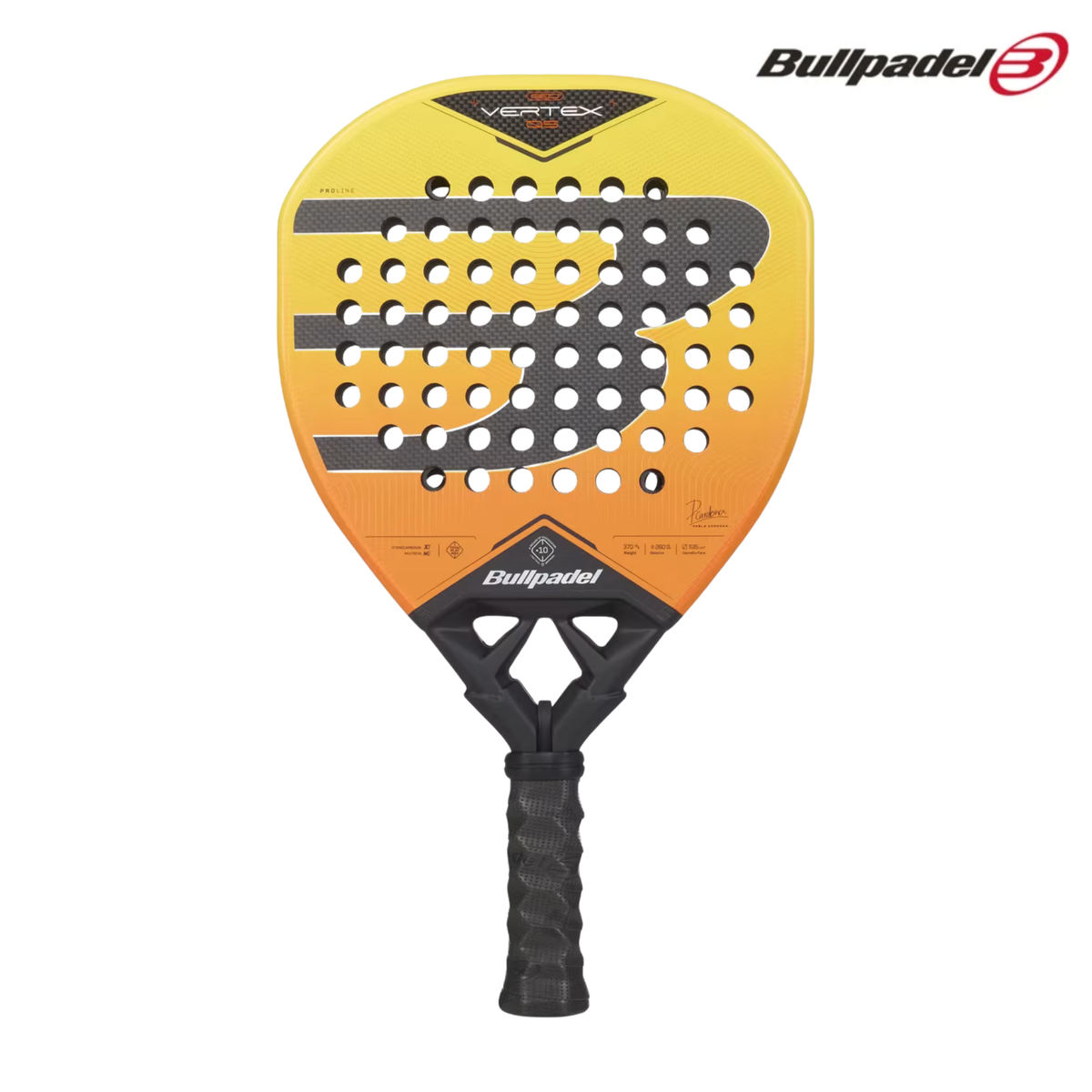 A front view of the Bullpadel Vertex 05 Geo 2027 padel racket, featuring a yellow and orange design with black Bullpadel branding.