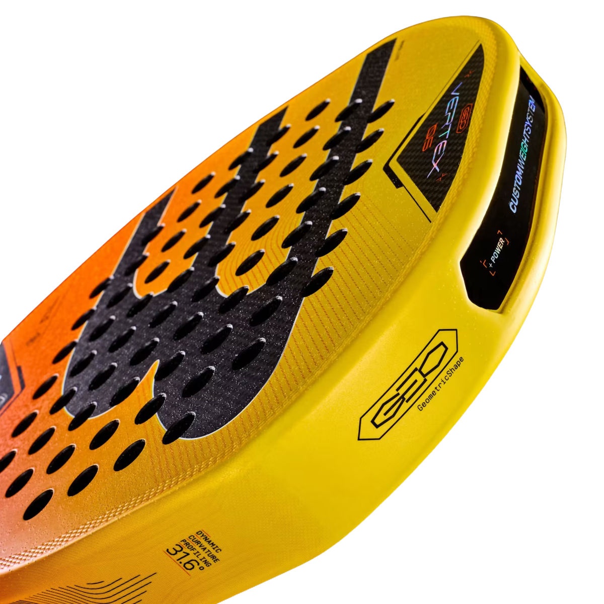 A close-up of the Bullpadel Vertex 05 Geo 2027 padel racket, highlighting the geometric frame, Custom Weight System and textured hitting surface.