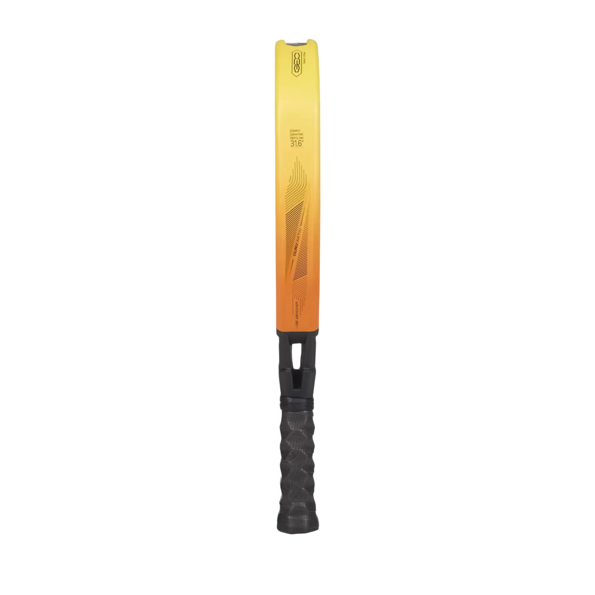 A side view of the Bullpadel Vertex 05 Geo 2027 padel racket, highlighting the yellow-orange frame, aerodynamic profile and black grip.