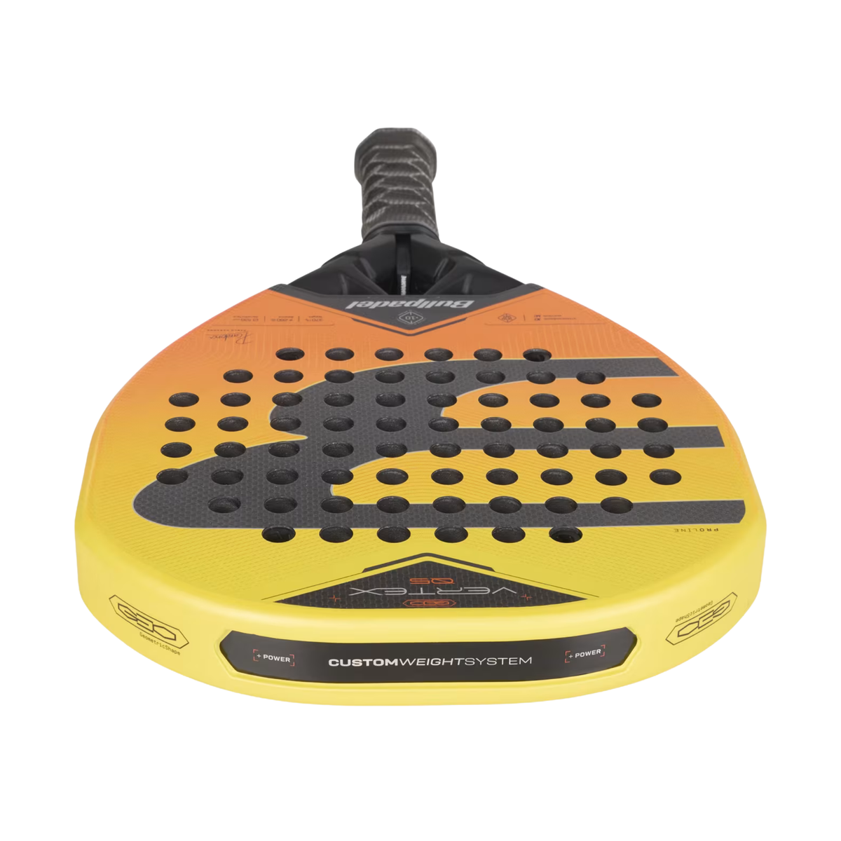 A close-up view of the Bullpadel Vertex 05 Geo 2027 padel racket, highlighting the racket face, frame and Custom Weight System.
