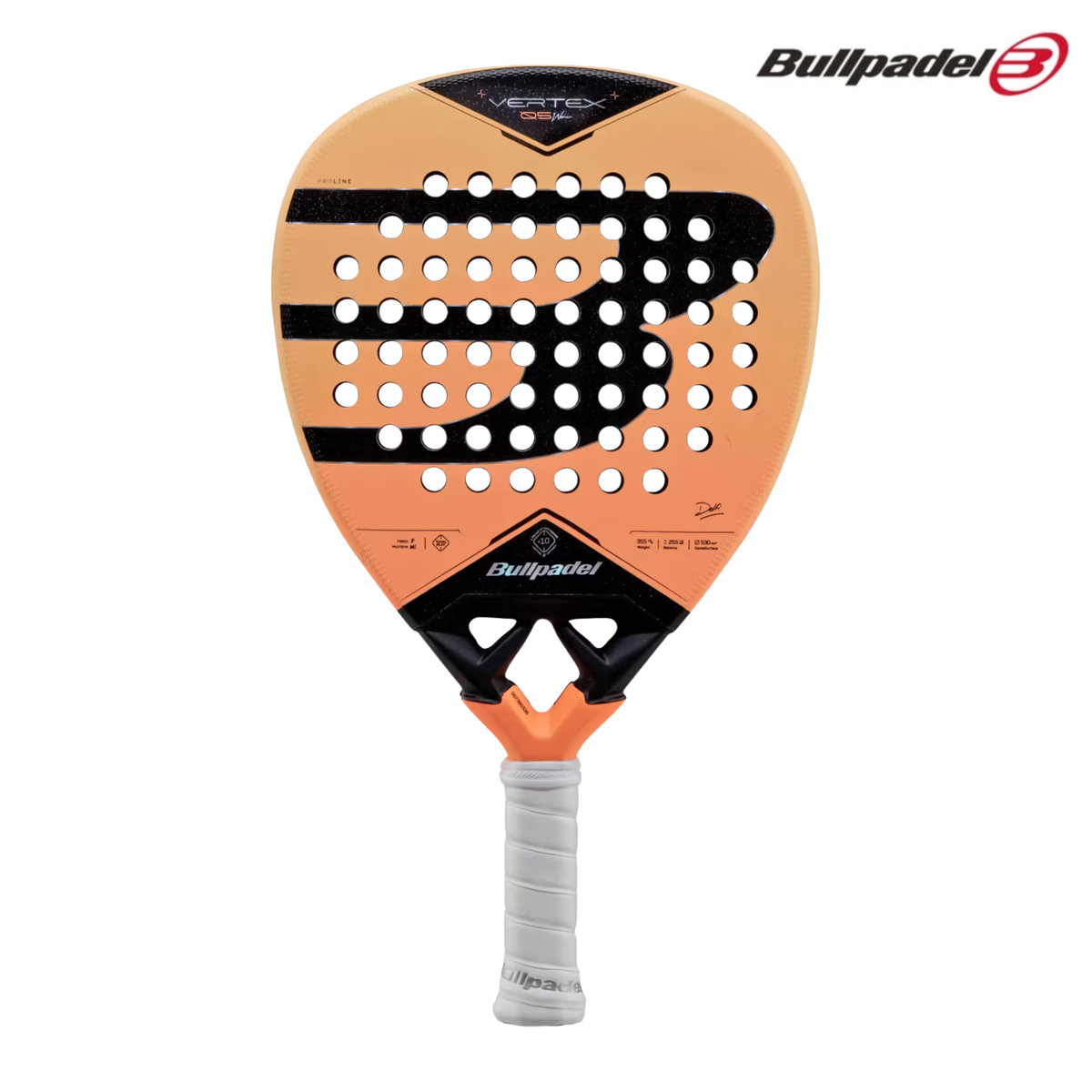 A front view of the Bullpadel Vertex 05 W 2027 padel racket, featuring its distinctive design, textured racket face and Bullpadel branding.