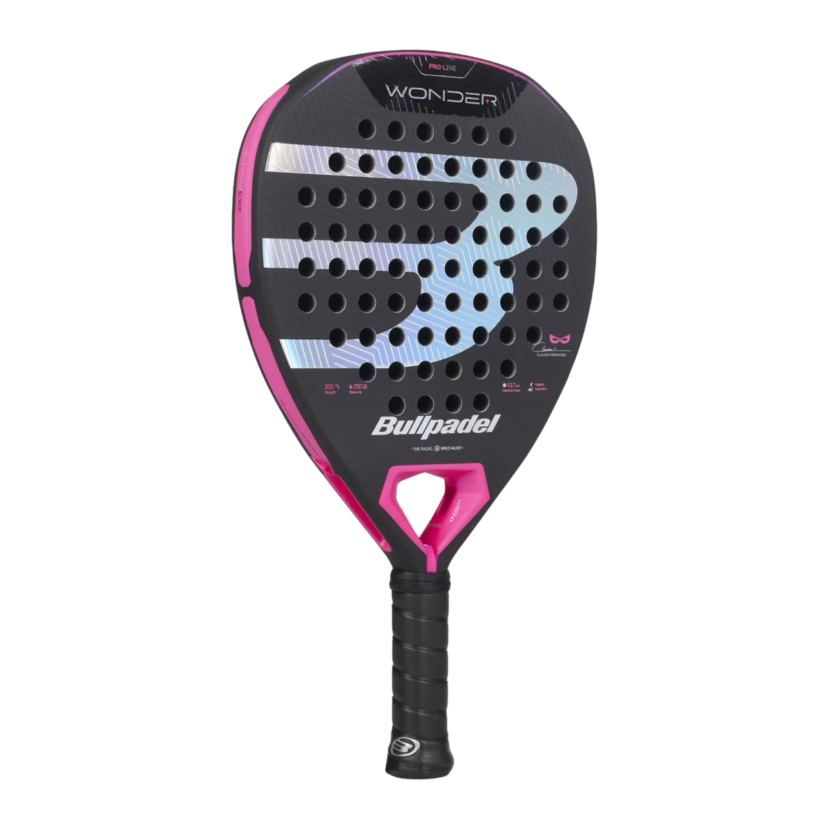 An angled front view of the Bullpadel Wonder 2027 padel racket, showing the racket face, outer frame and Bullpadel logo.