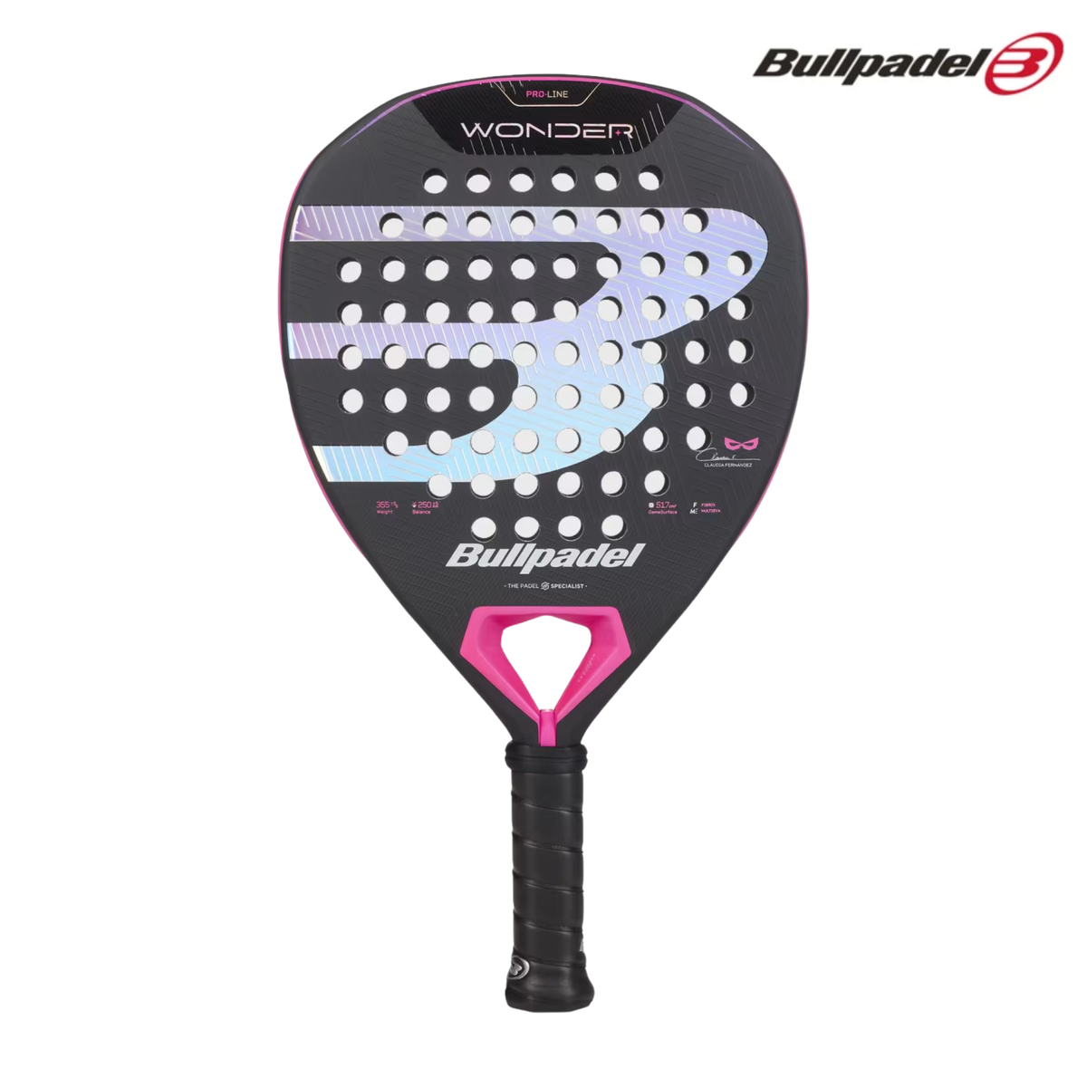 A front view of the Bullpadel Wonder 2027 padel racket, showing the racket face, perforations and Bullpadel branding.