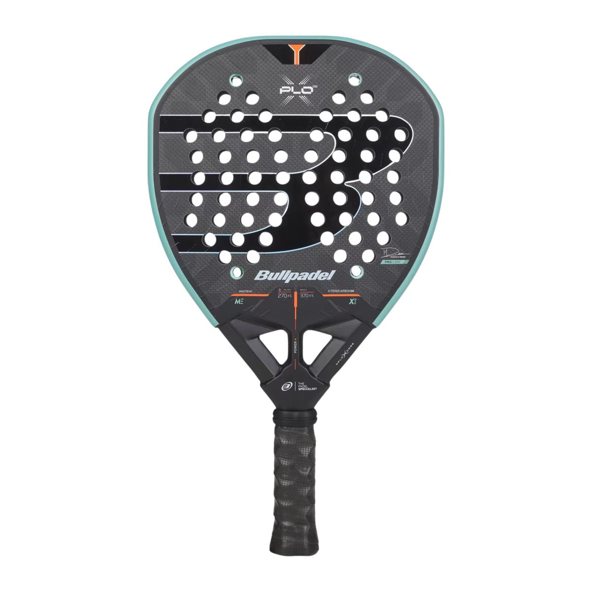 A back view of the Bullpadel XPLO 02 2027 padel racket, showing the blue racket face, gold graphic details and Bullpadel branding.