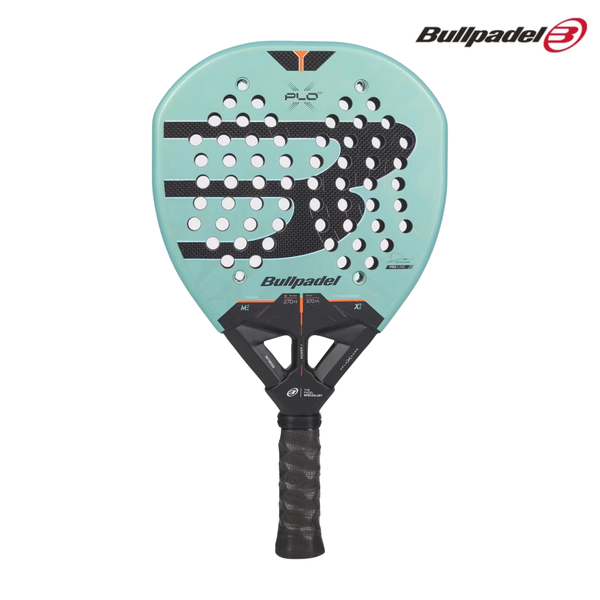 A front view of the Bullpadel XPLO 02 2027 padel racket, featuring a blue racket face with gold details and Bullpadel branding.