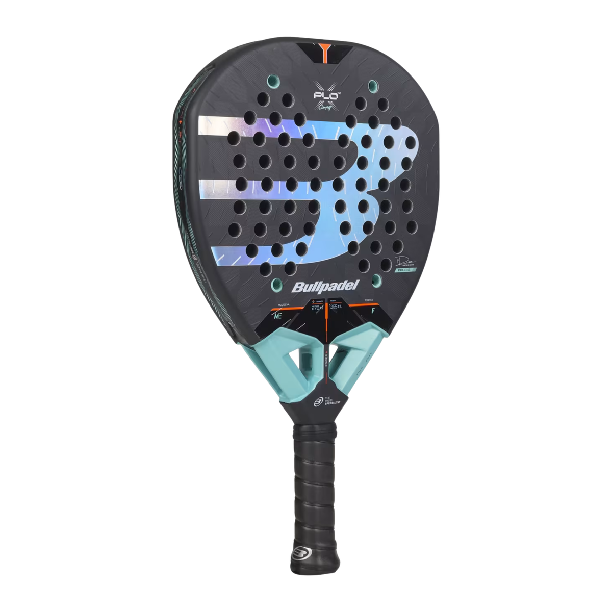 An angled front view of the Bullpadel XPLO 02 Comfort 2027 padel racket, showing the grey racket face, white Bullpadel logo and outer frame.