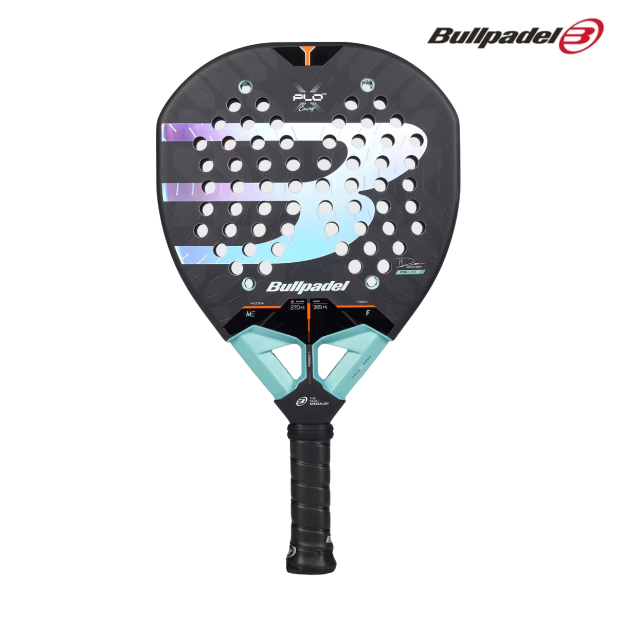 A front view of the Bullpadel XPLO 02 Comfort 2027 padel racket, featuring a grey racket face with white Bullpadel branding and black grip.