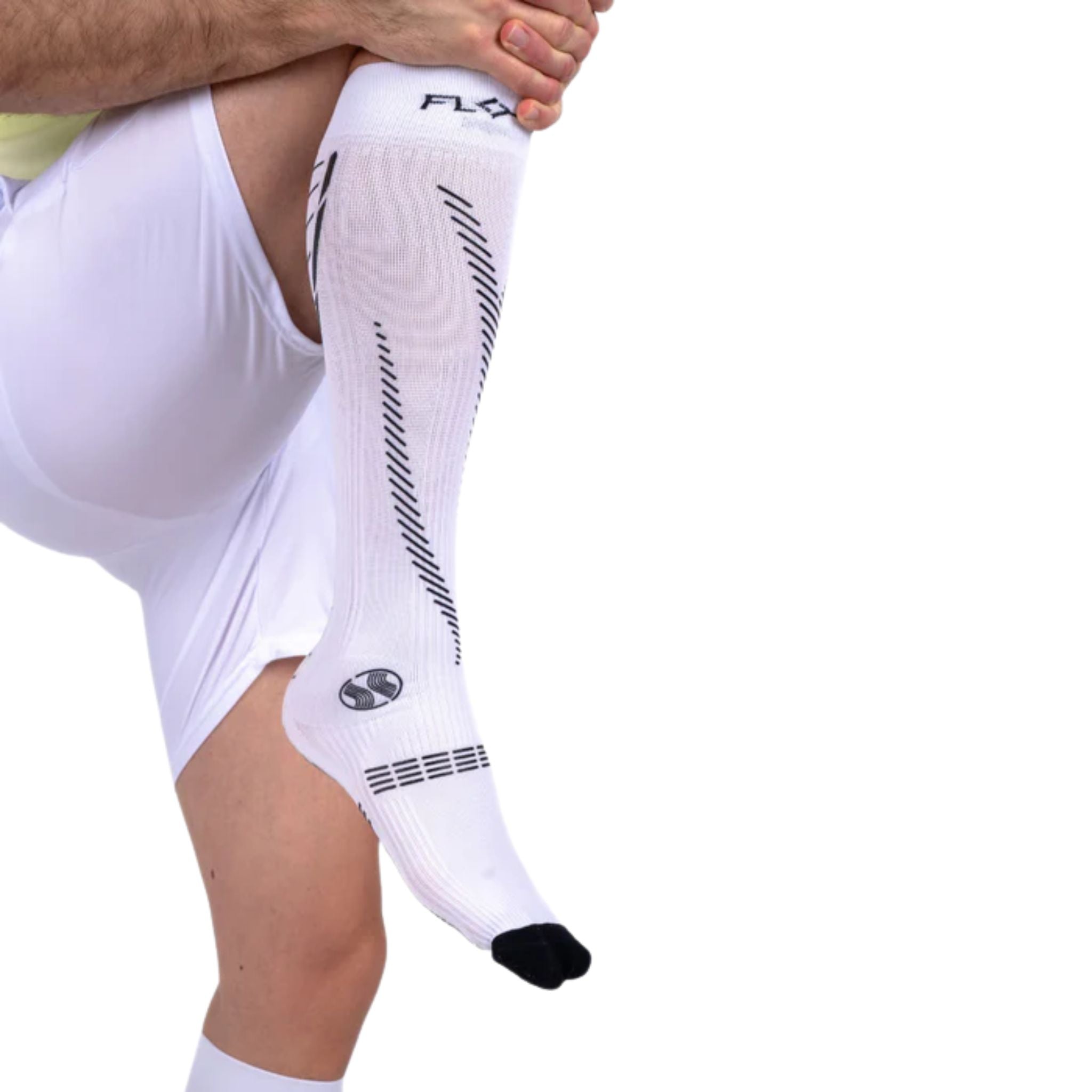 Close-up of the Floky GRF Long Socks White showing premium compression fabric, cushioning, and moisture-wicking technology.
