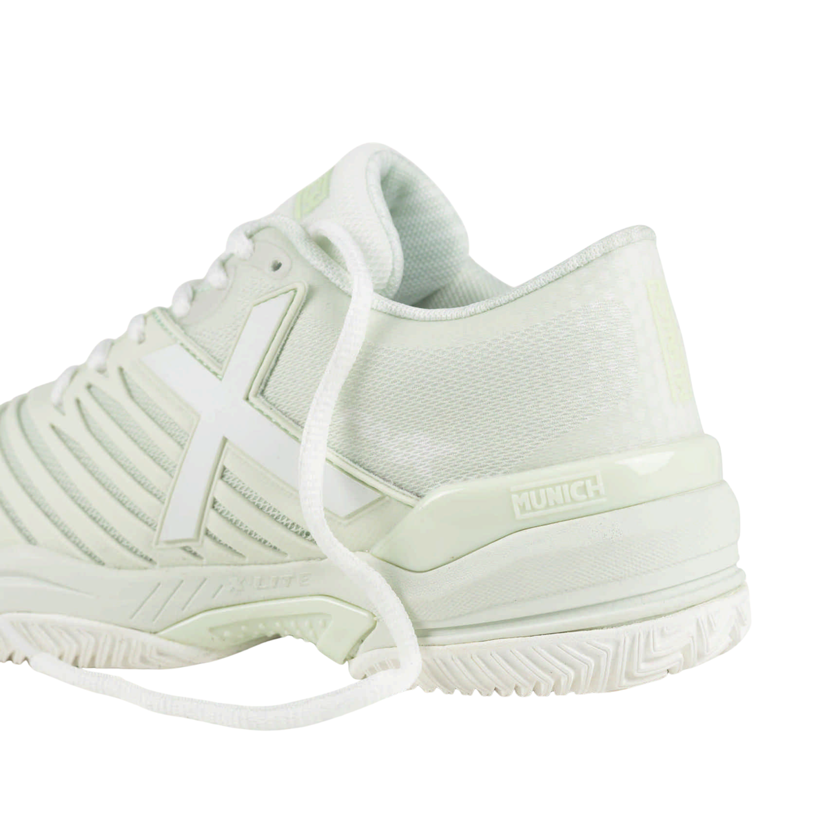 Close-up of the rear side and heel of the Munich Padx 70, highlighting the off-white mesh upper, white X logo, white laces, padded collar, light mint heel support with Munich branding and textured white outsole.