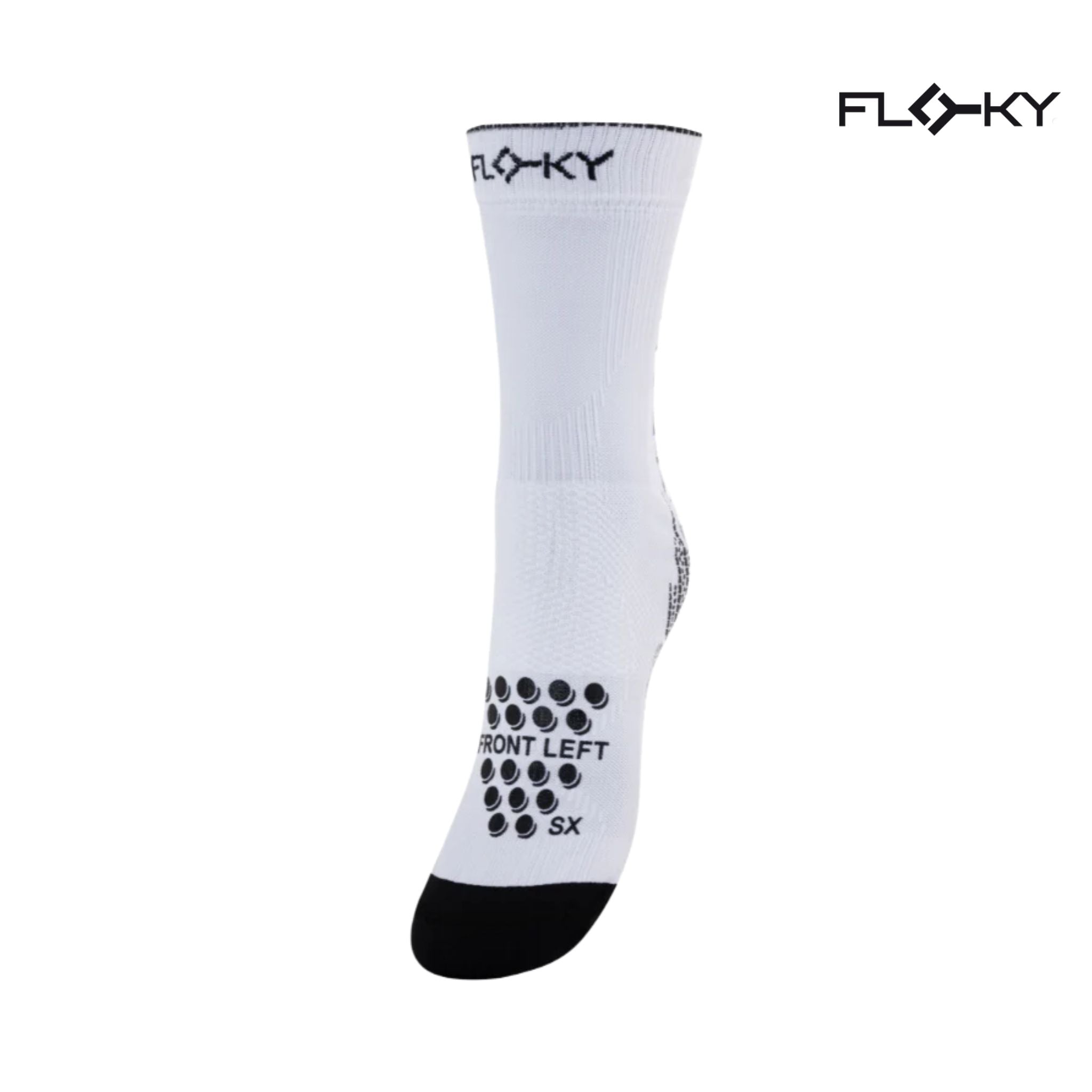 Front view of Floky S-MASH Grip Socks White (1 Pair), featuring a clean white design, anti-slip grip technology, and a comfortable performance fit.