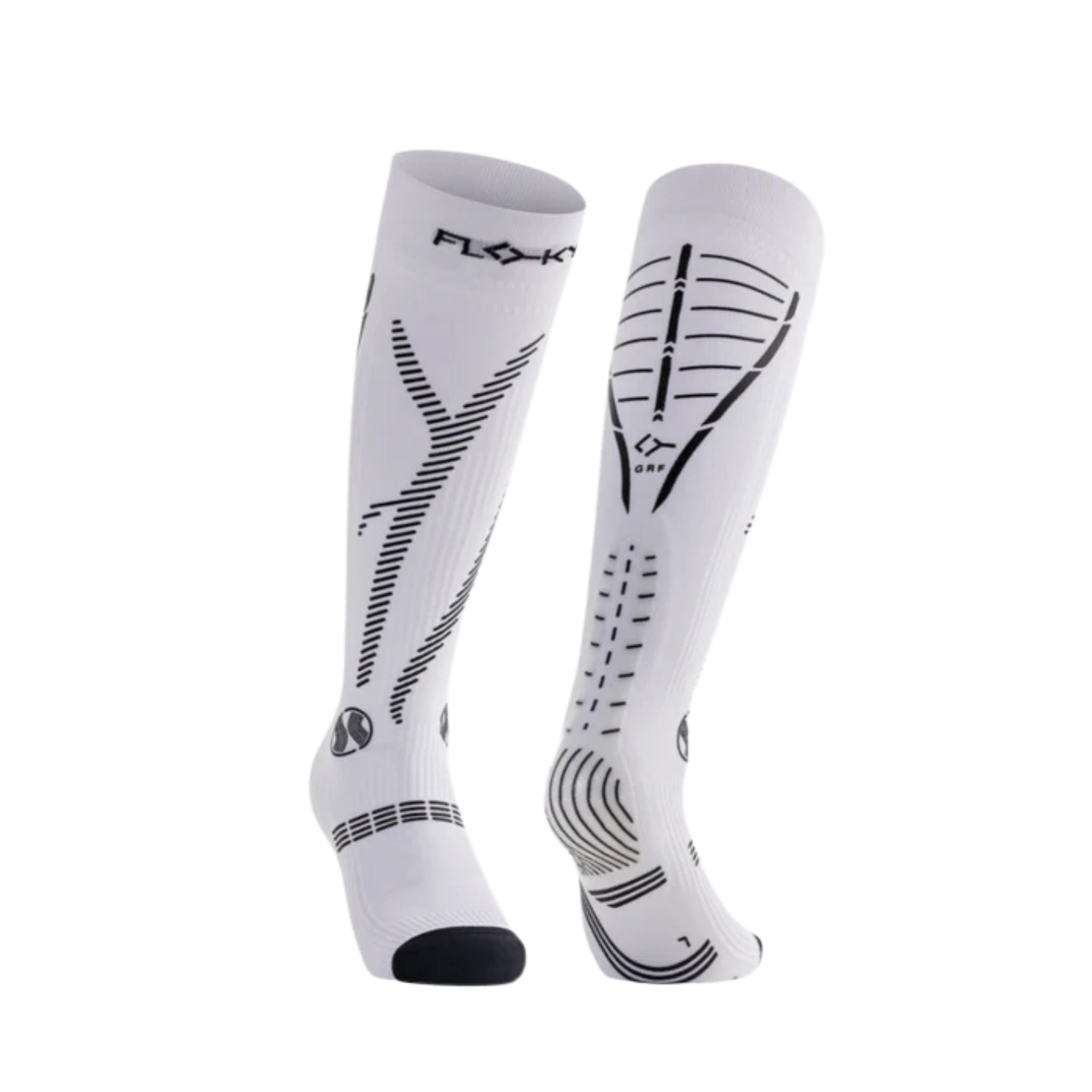 Front view of a pair of Floky GRF Long Compression Grip Socks White, showcasing knee-high athletic design, grip technology, and targeted compression zones for enhanced performance and support.