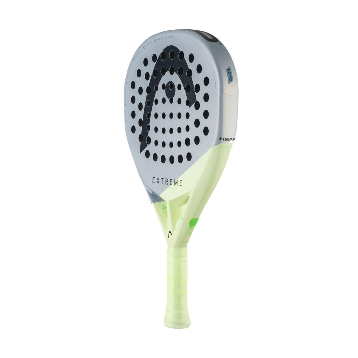 An angled side view of the HEAD Extreme Motion 2026 padel racket, showing the racket face, frame profile and light green handle.