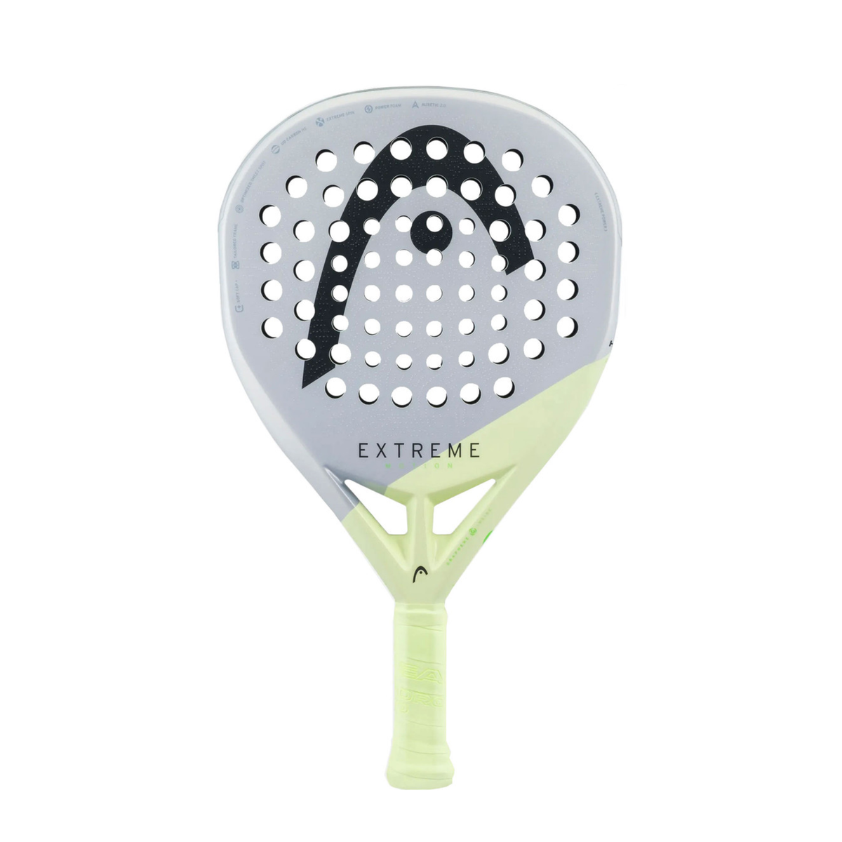A front view of the HEAD Extreme Motion 2026 padel racket, featuring a silver and light green design with black