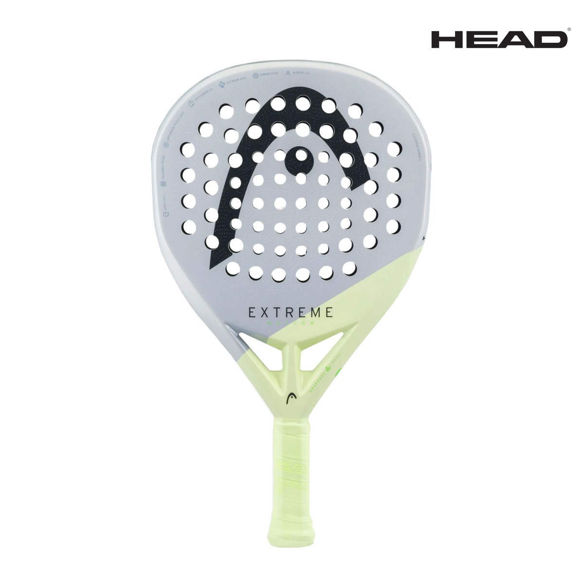 A front view of the HEAD Extreme Motion 2026 padel racket, featuring a silver and light green design with black HEAD branding and the HEAD logo displayed in the image.
