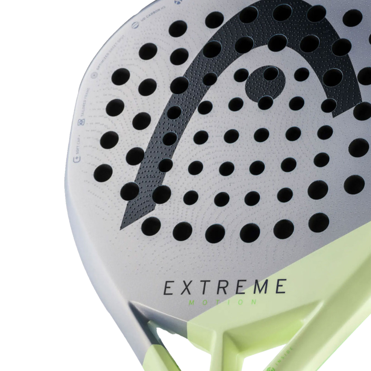 A close-up of the HEAD Extreme Motion 2026 padel racket face, showing the textured surface, hole pattern and Extreme Motion branding.