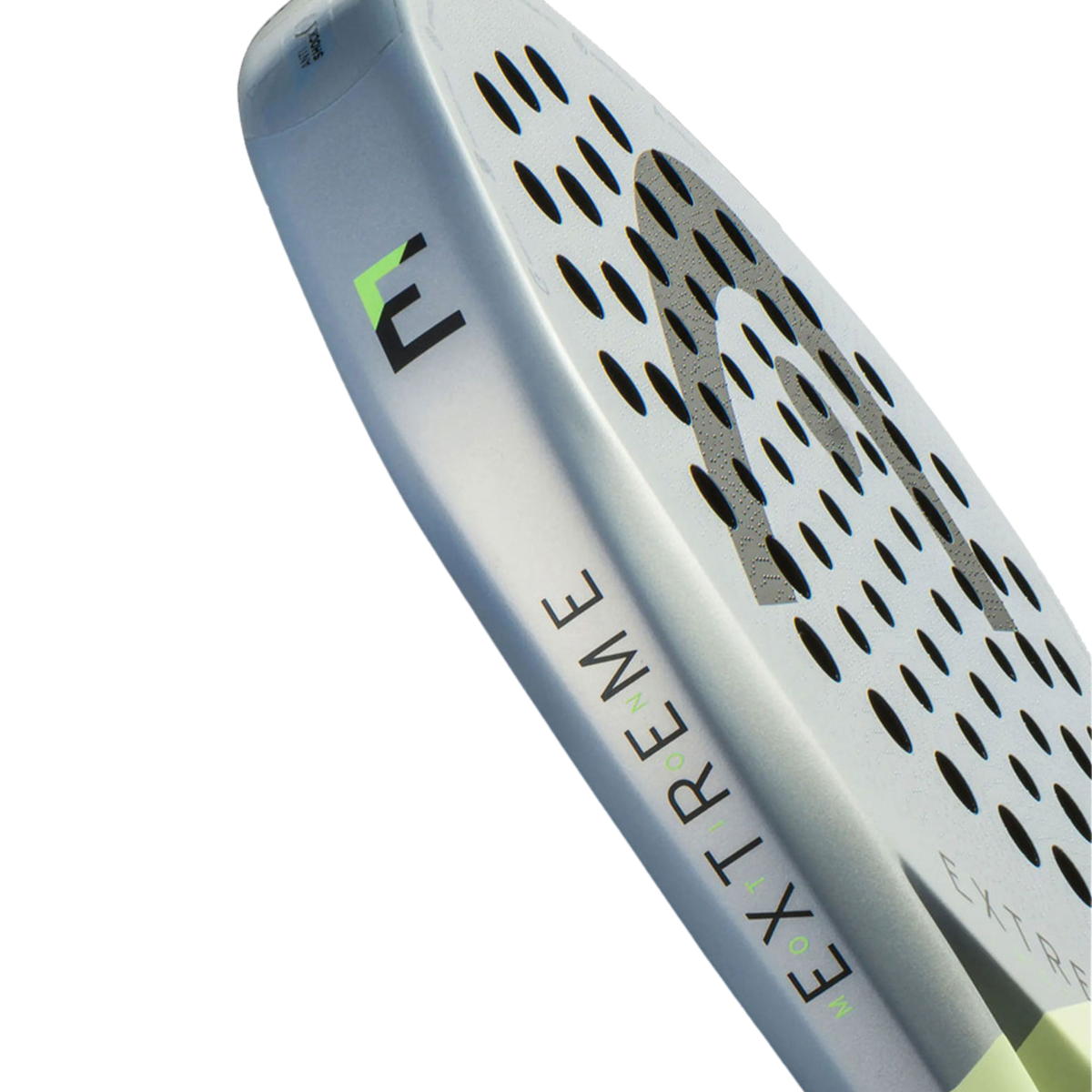 A close-up of the side frame of the HEAD Extreme Motion 2026 padel racket, showing the silver frame profile and Extreme Motion branding.