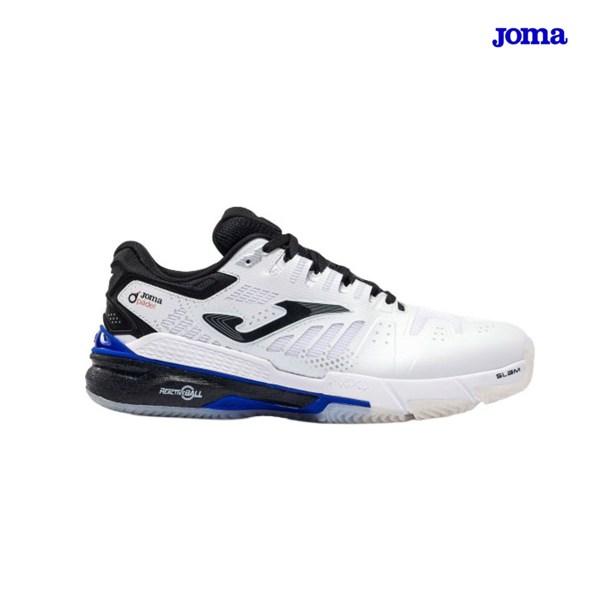 Side view of the Joma Slam Classic 2026 men's padel shoe in white with Joma logo.