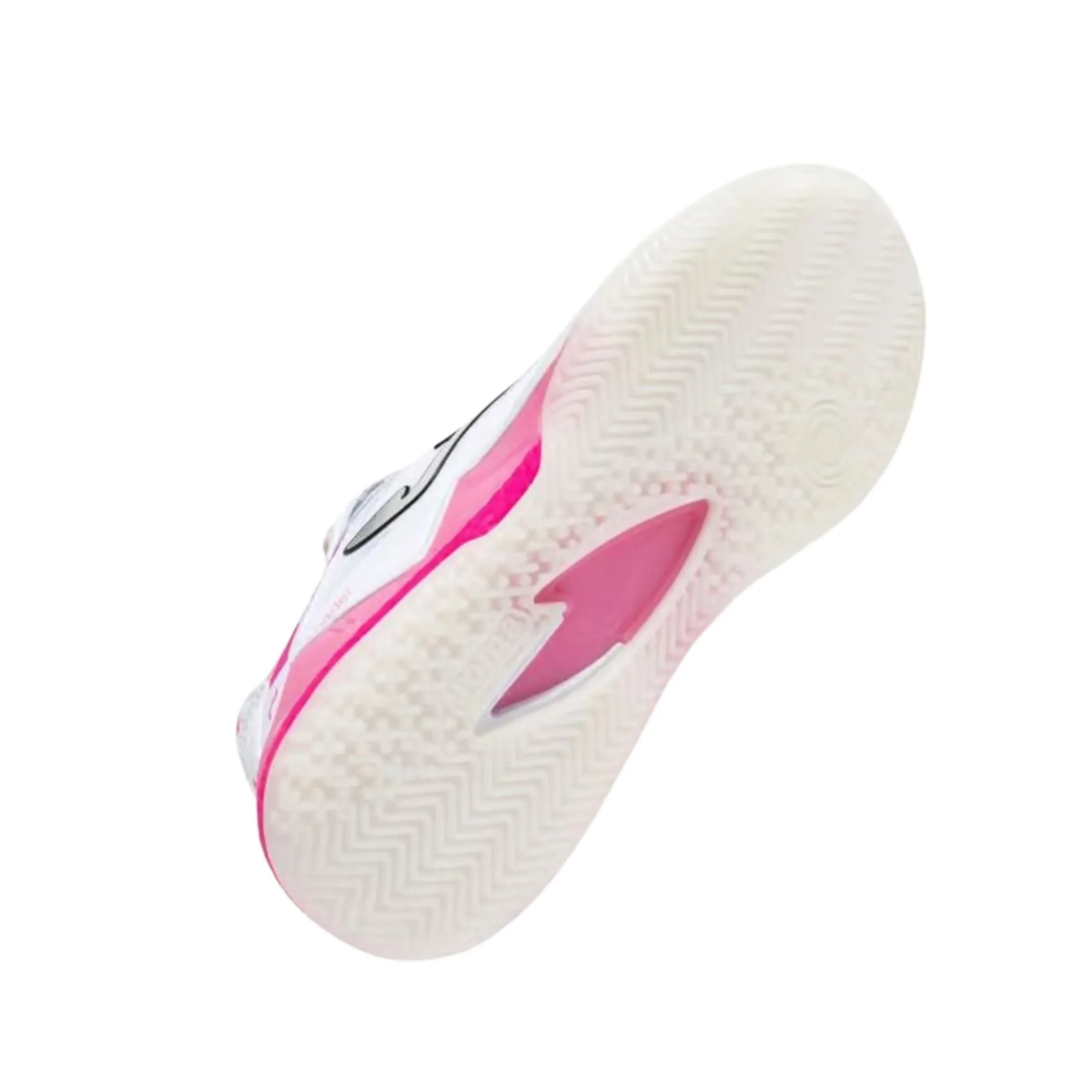 Outsole view of the Joma Spin Lady 2026 White Pink women's padel shoe showing the cream Omni sole and pink midfoot section.