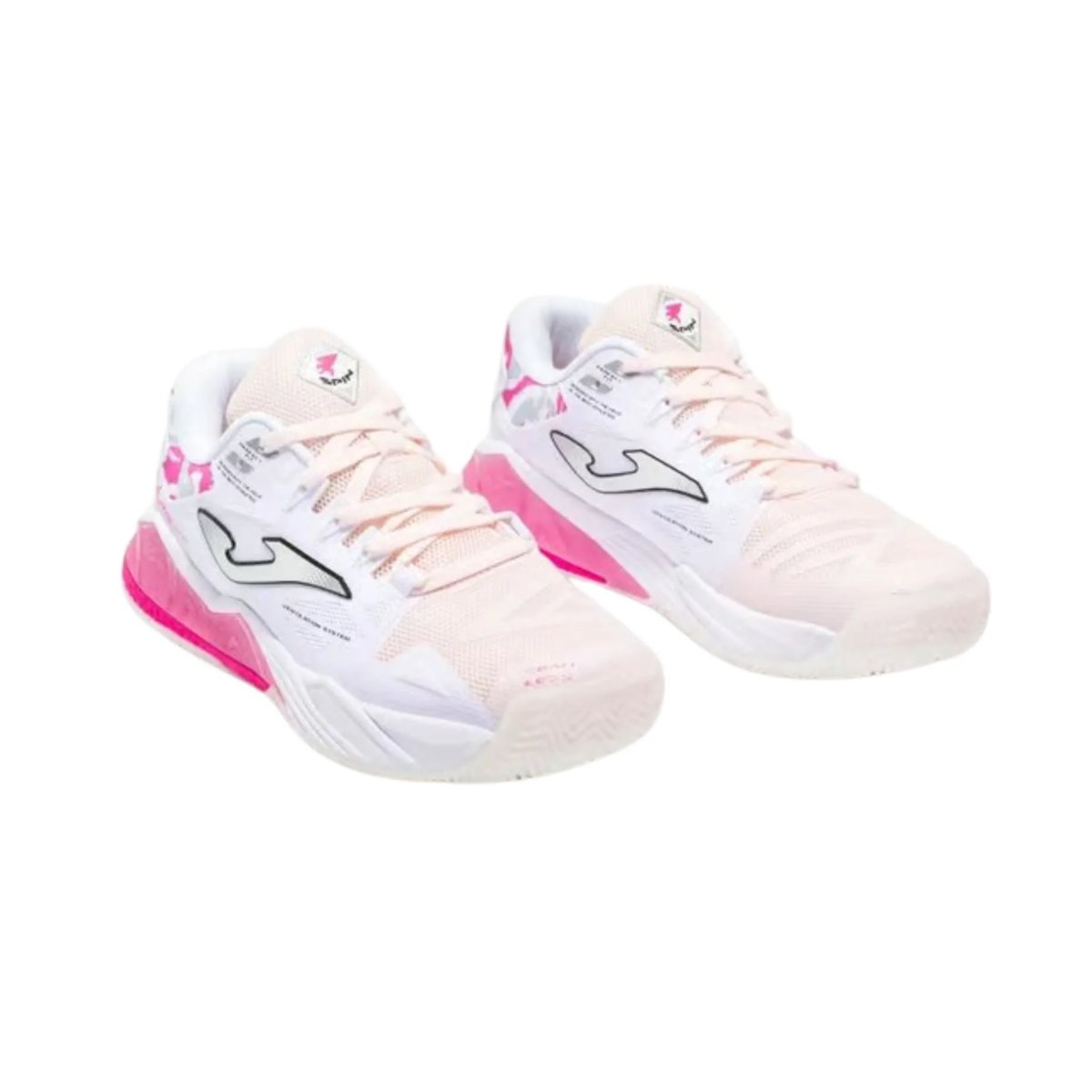 Pair of Joma Spin Lady 2026 White Pink women's padel shoes showing the white and pink design.
