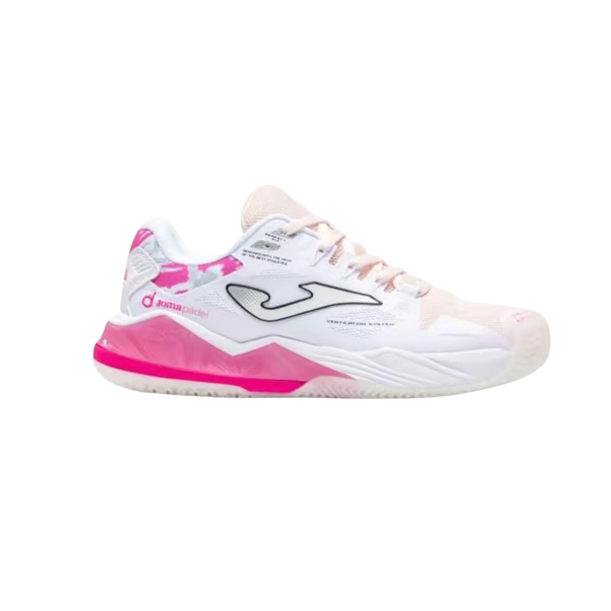 Side view of the Joma Spin Lady 2026 White Pink women's padel shoe.