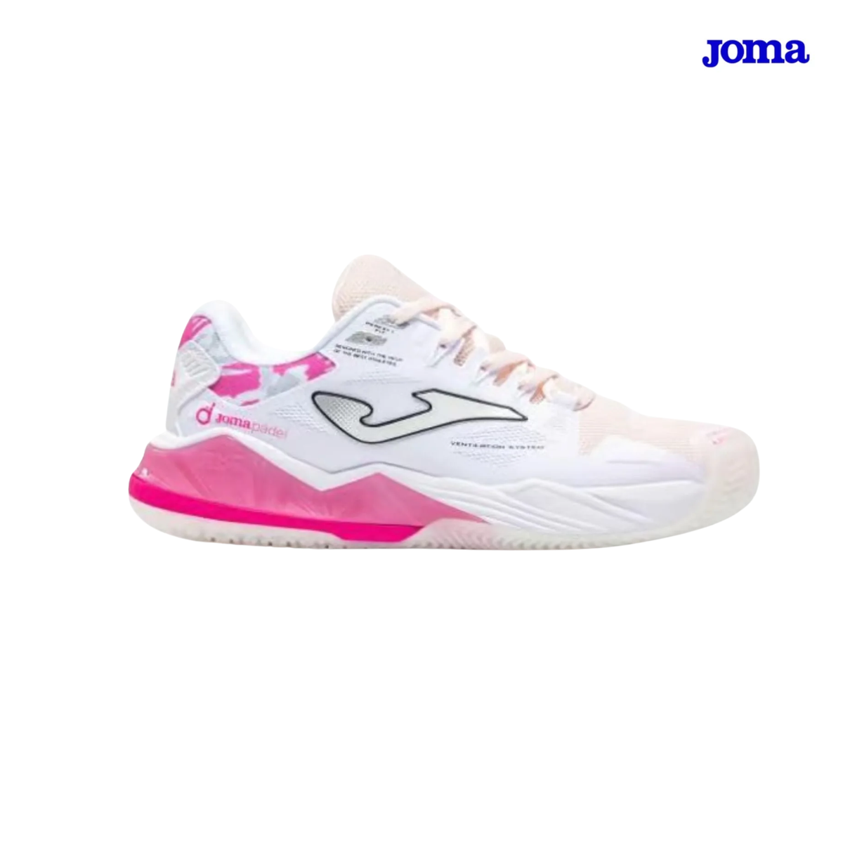 Side view of the Joma Spin Lady 2026 White Pink women's padel shoe with Joma logo.