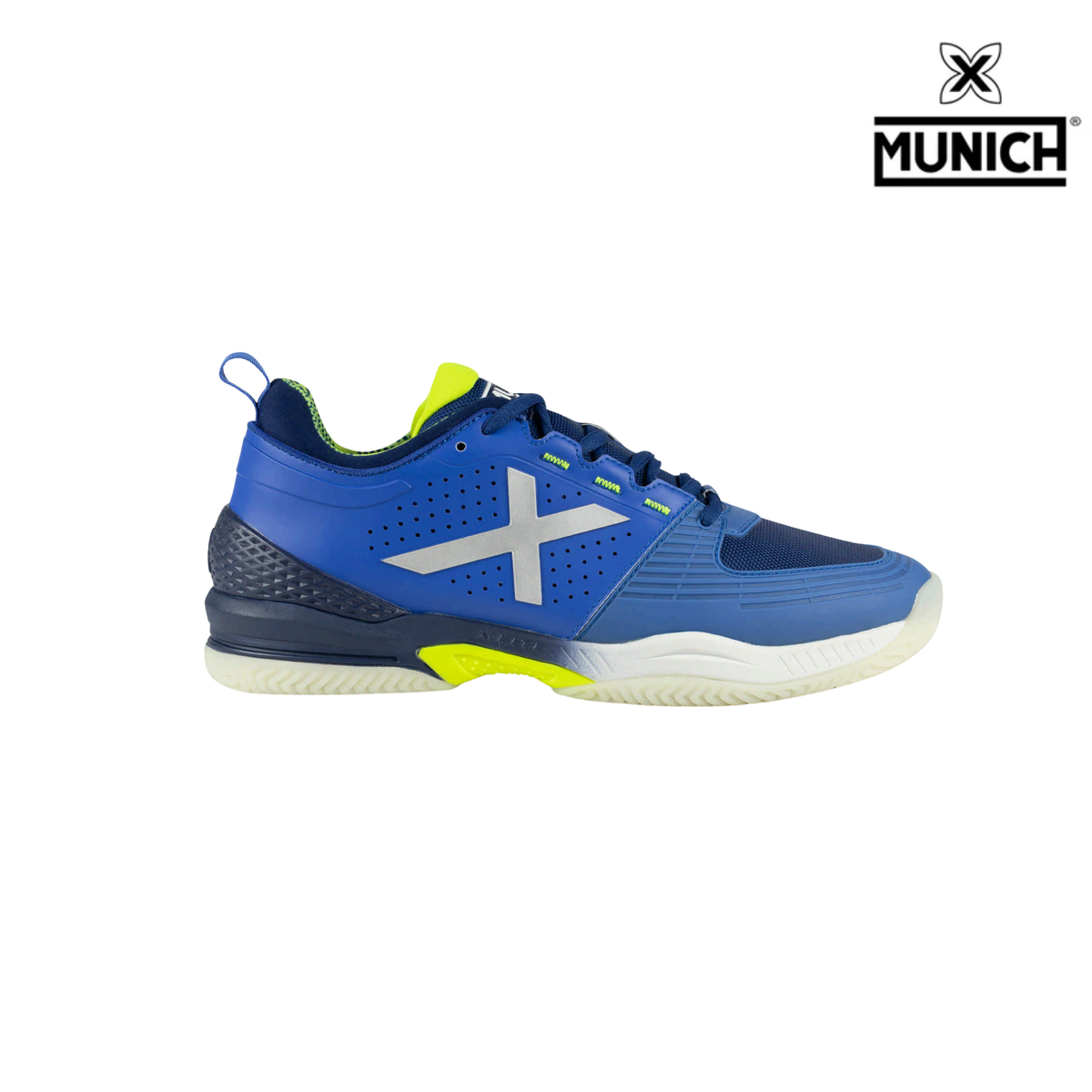 Munich Atomik 56 padel shoe in blue with fluorescent yellow details, shown from the side on a white background with a silver X logo, blue laces, dark blue heel support and Munich brand logo in the top right corner.