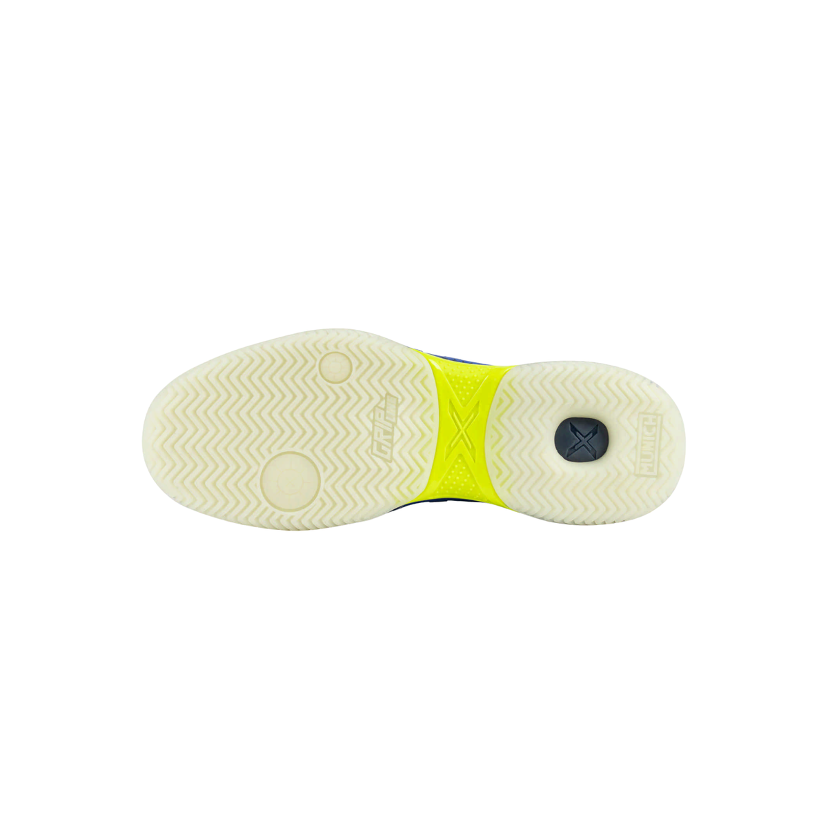 Bottom view of the Munich Atomik 56 padel shoe showing the white herringbone outsole, circular pivot zones, Munich and Grip Line branding, and fluorescent yellow central support section.